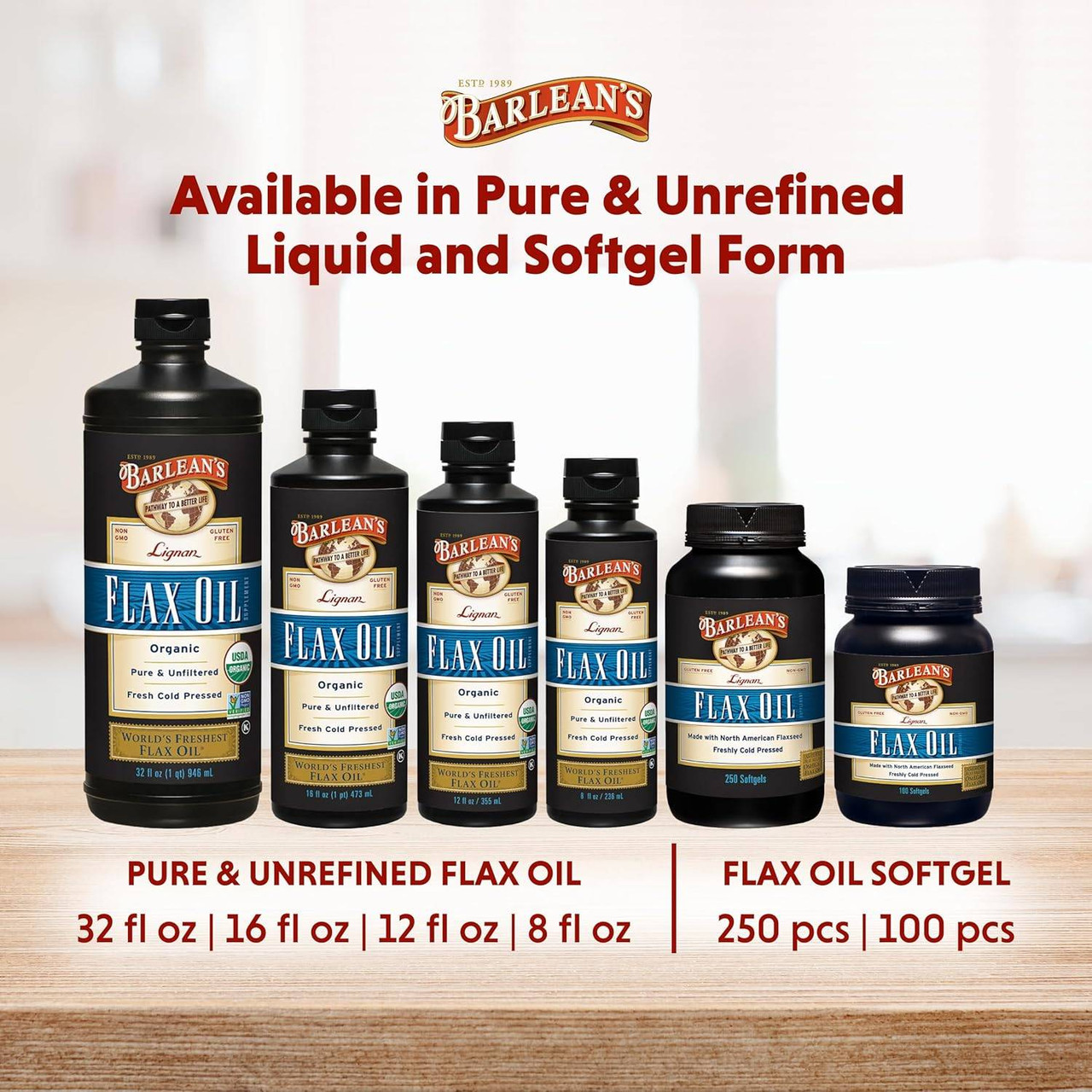 Flax oil liquid bottle sizes and flax oil softgel bottles lineup