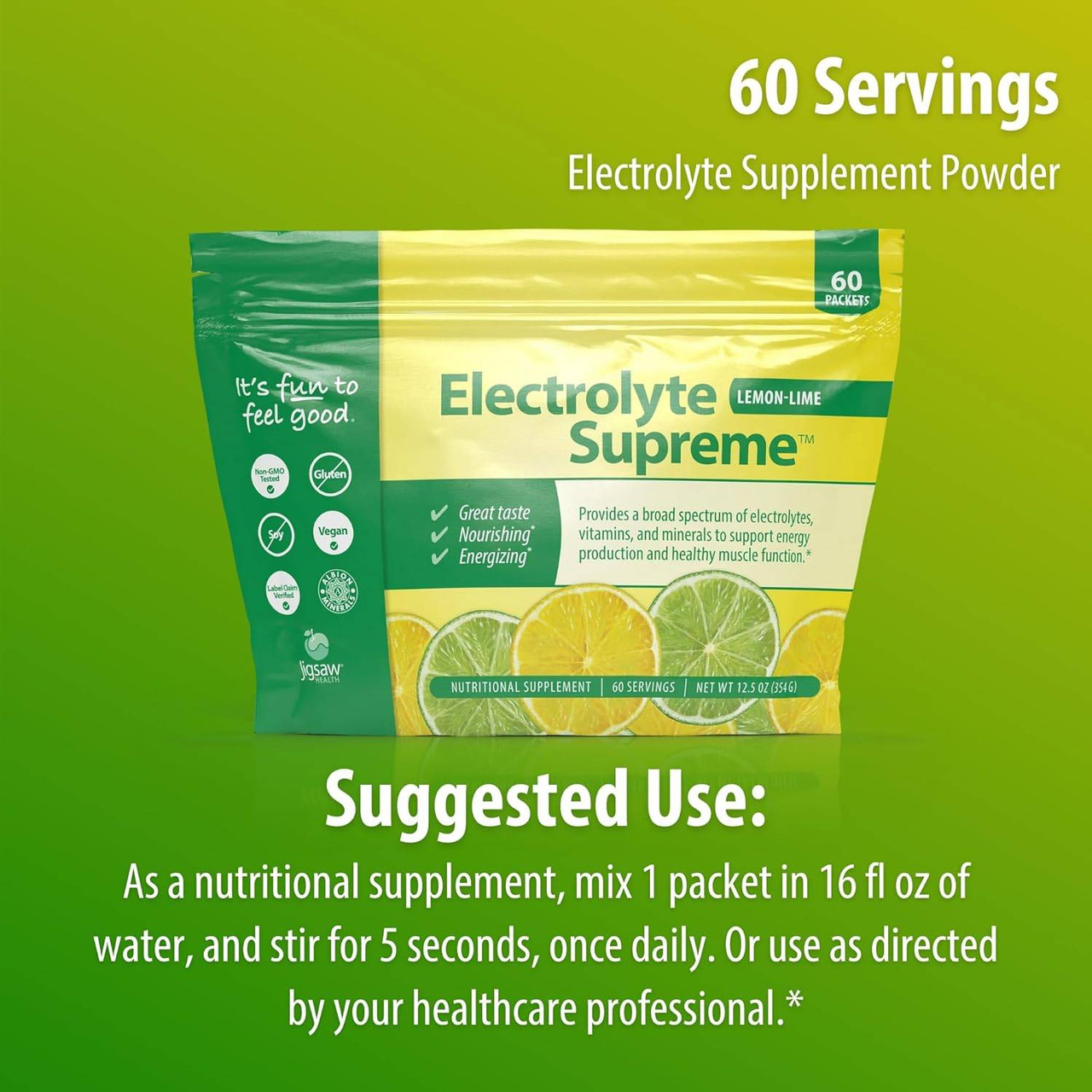 Electrolyte Supreme 60 servings pouch with suggested use, 1 packet in 16 fl oz water