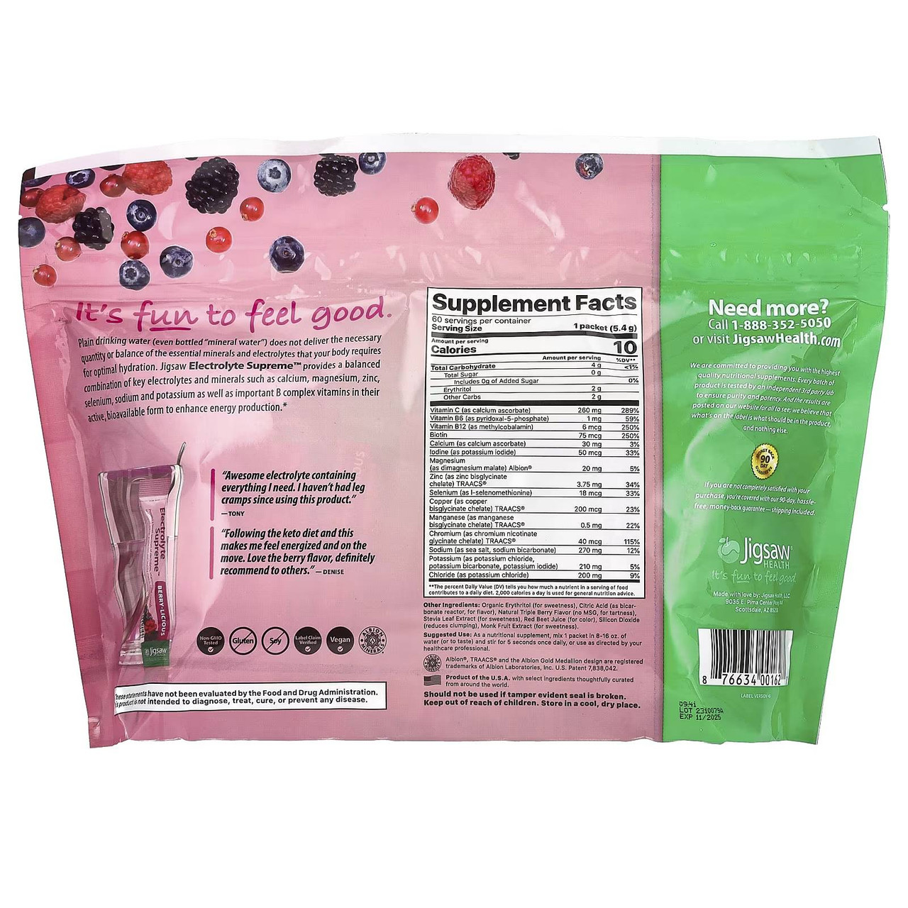Electrolyte Supreme pouch back with supplement facts