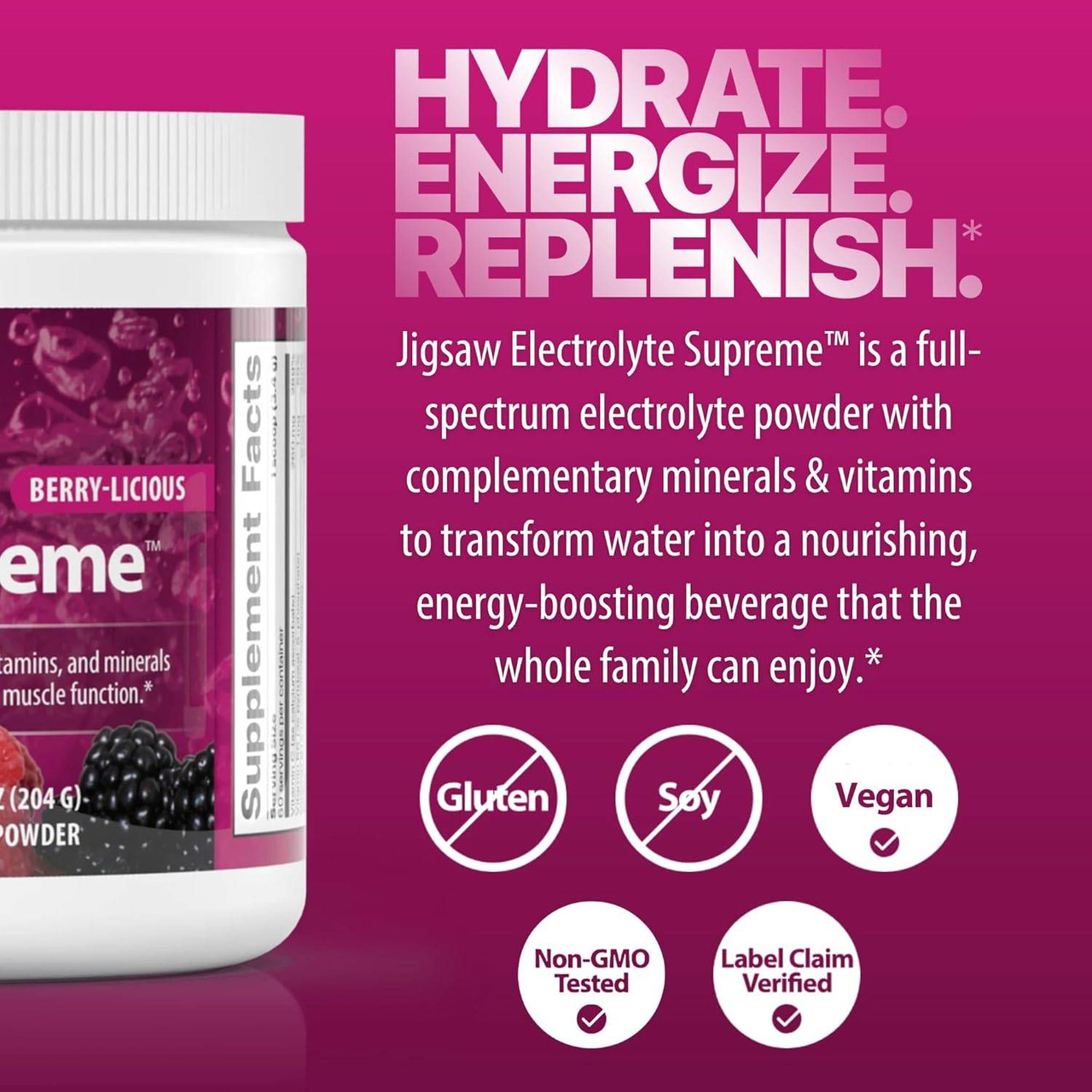 Hydrate, energize, replenish graphic with gluten-free, soy-free and vegan icons