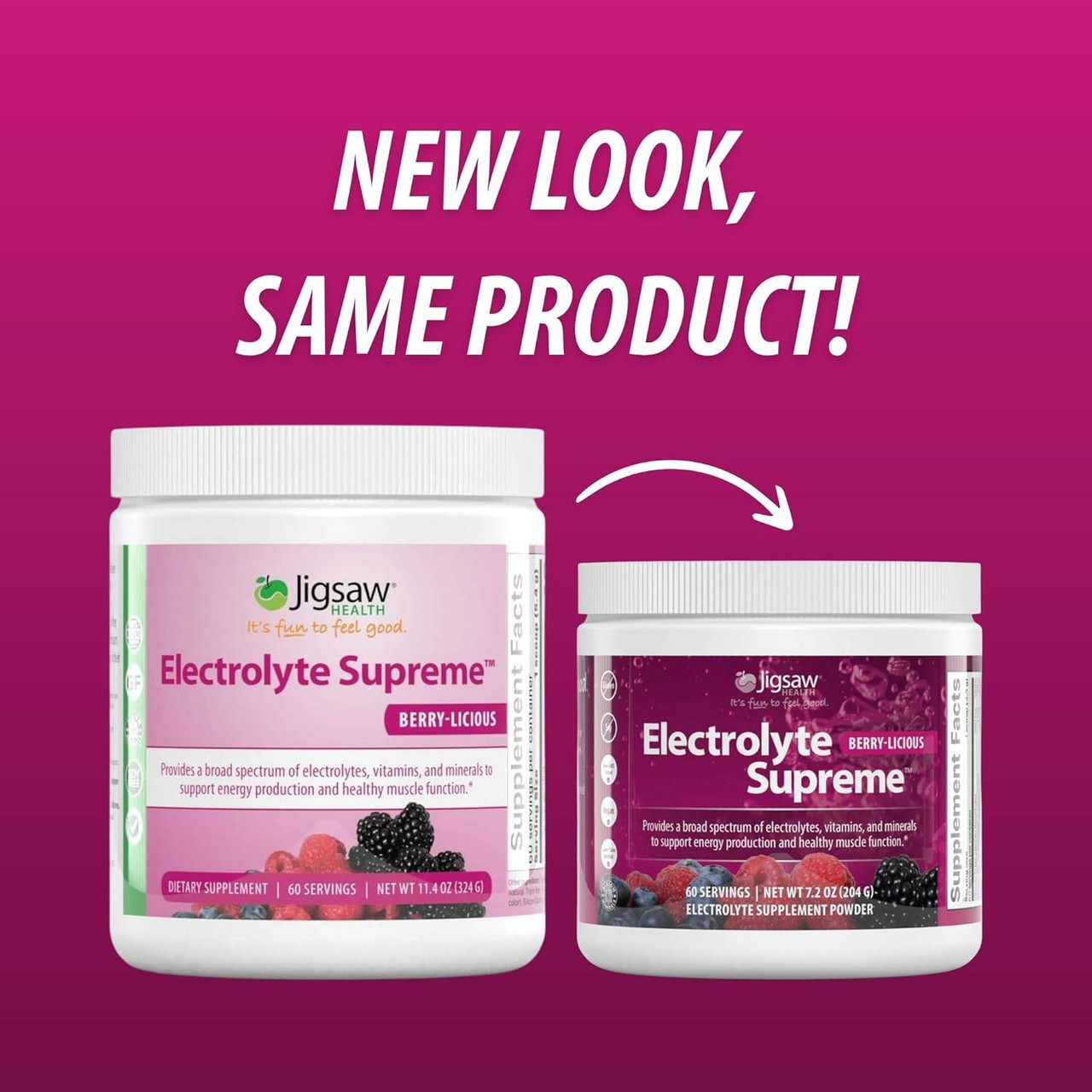 Old and new Electrolyte Supreme jars, new look same product