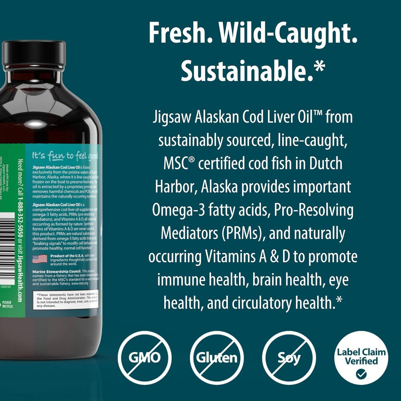 Fresh, wild-caught, sustainable graphic with GMO-free, gluten-free and soy-free icons