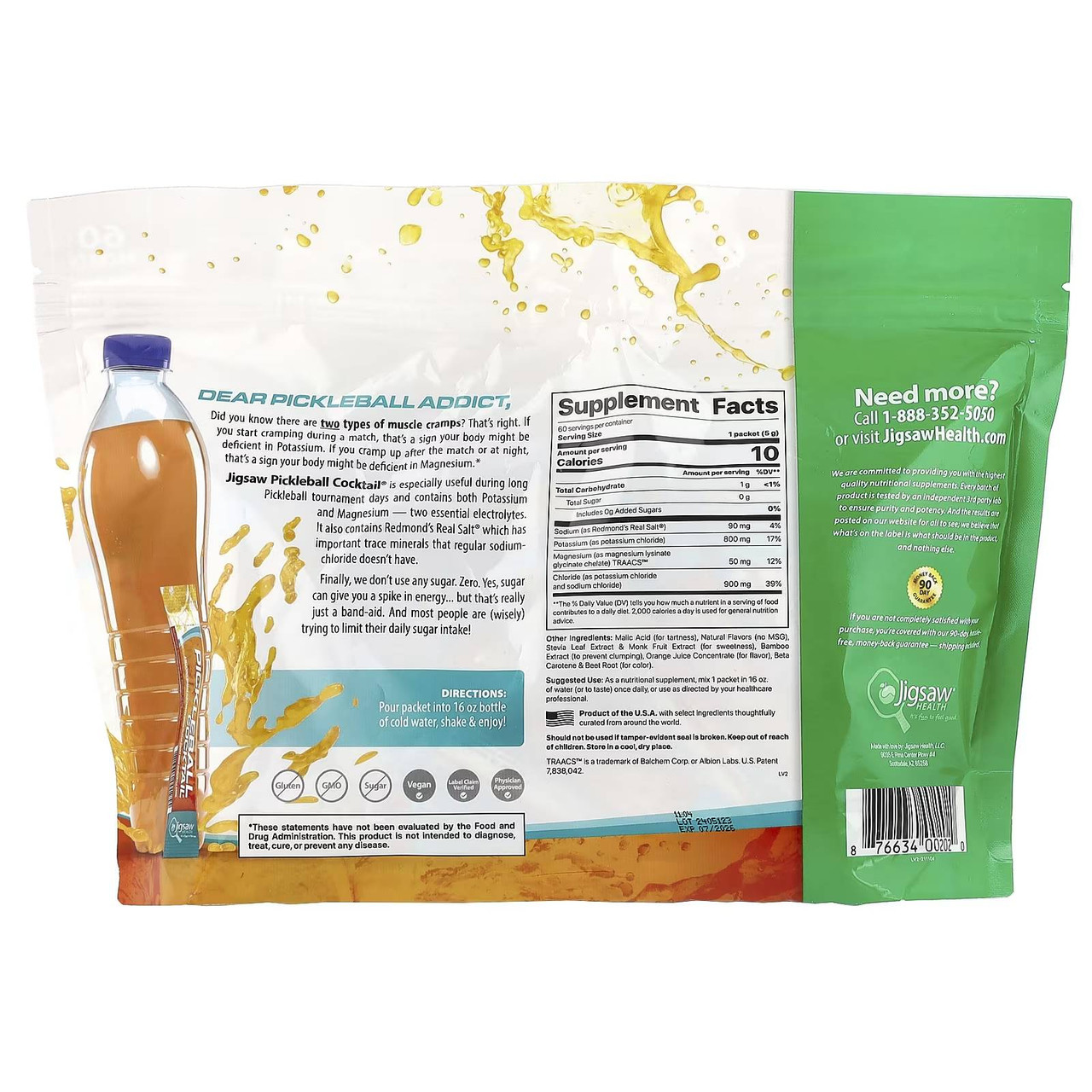 Back of Pickleball Cocktail pouch with supplement facts