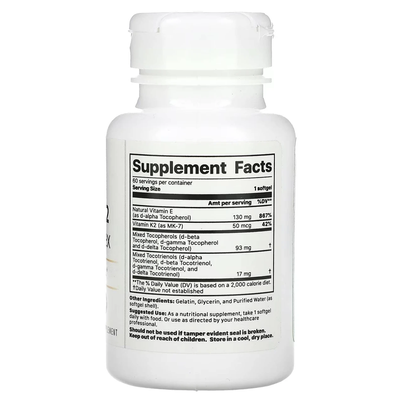 Vitamin K2 + E Complex bottle back with supplement facts