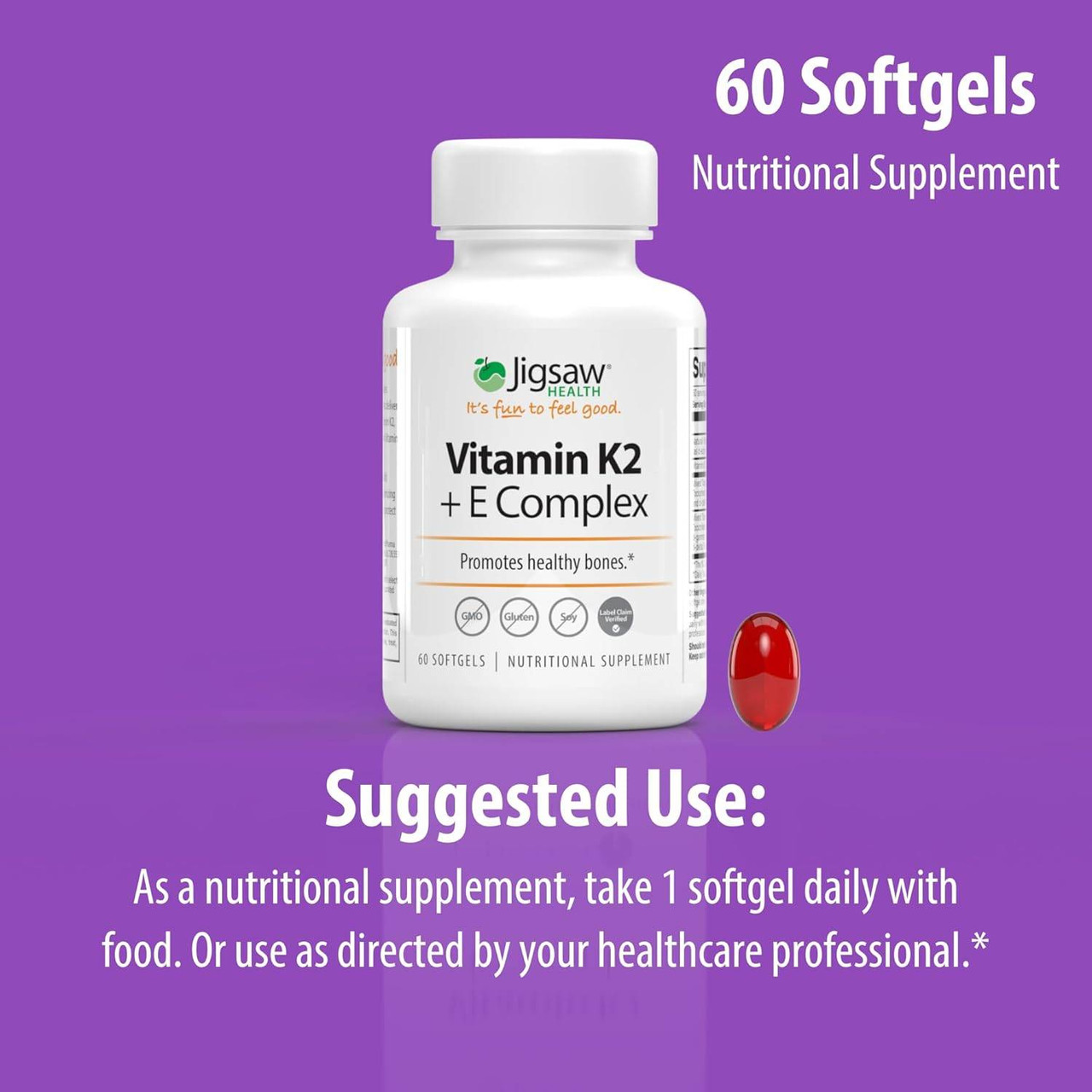 Vitamin K2 + E Complex bottle and softgel, take 1 softgel daily with food