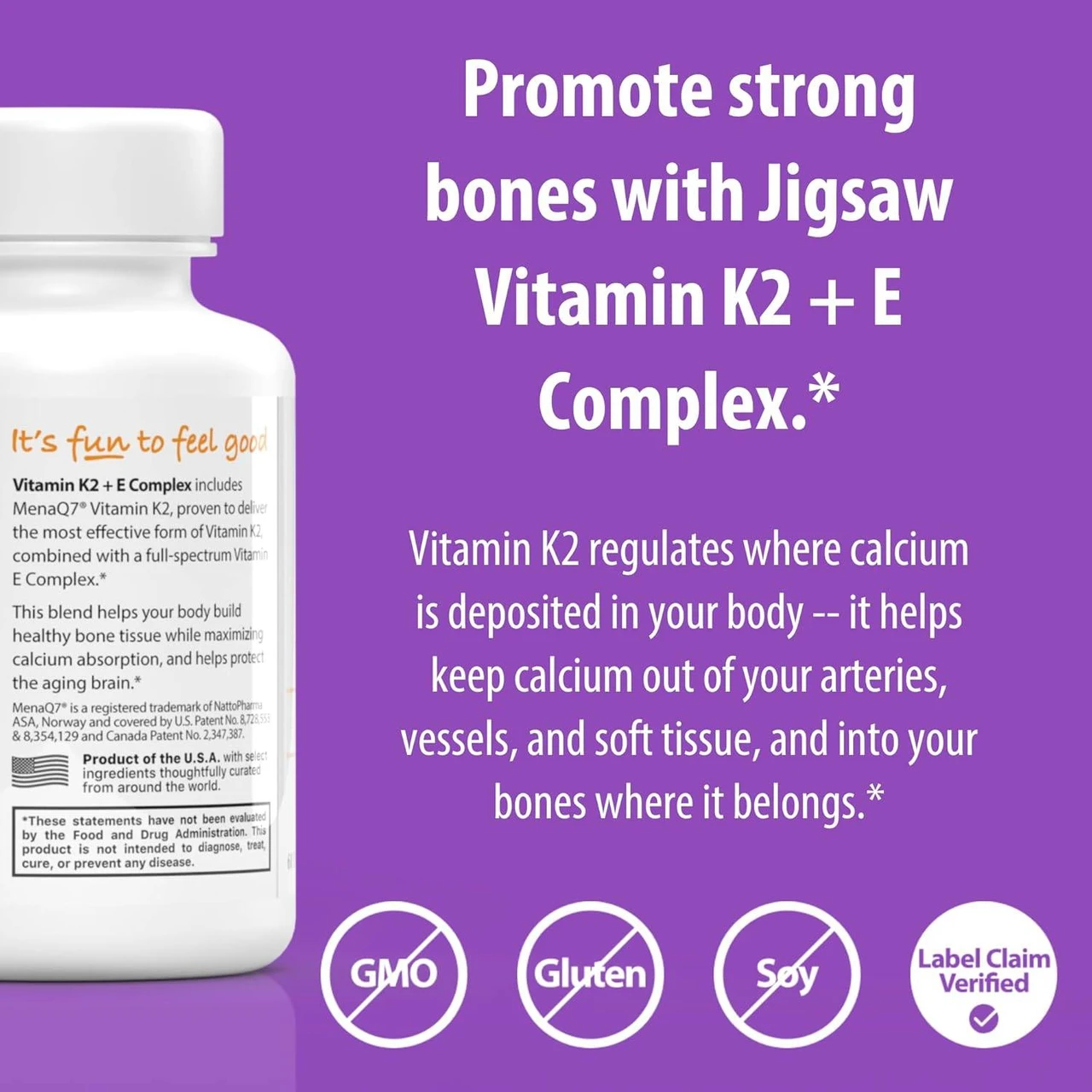 Vitamin K2 + E Complex bottle side with GMO-free, gluten-free, soy-free and label claim verified icons