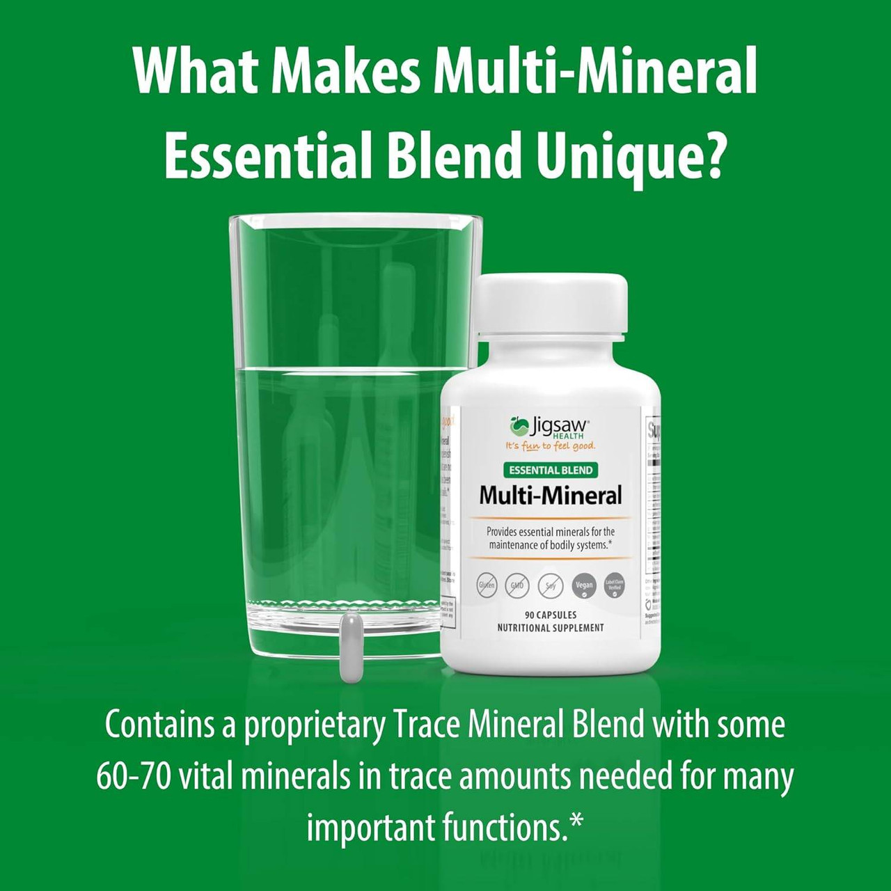 Jigsaw Multi-Mineral bottle and a glass of water with trace mineral blend text
