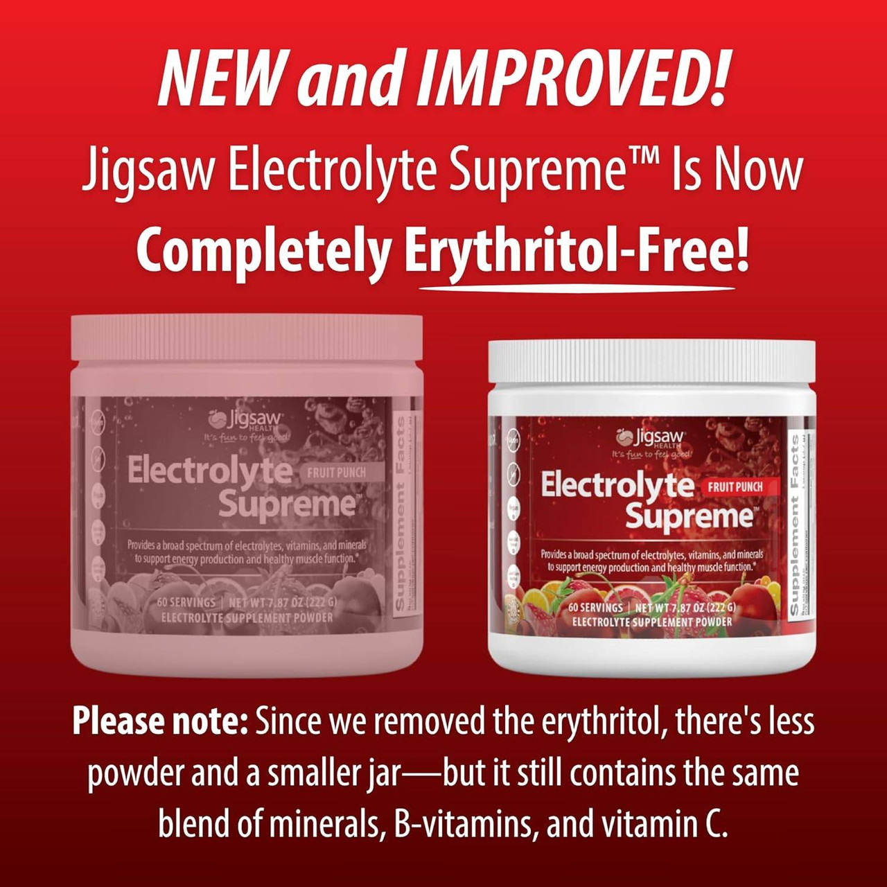 New and improved erythritol-free Electrolyte Supreme jars comparison