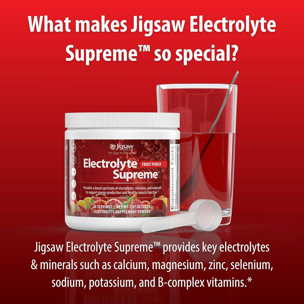 What makes Electrolyte Supreme special graphic with Fruit Punch jar and drink