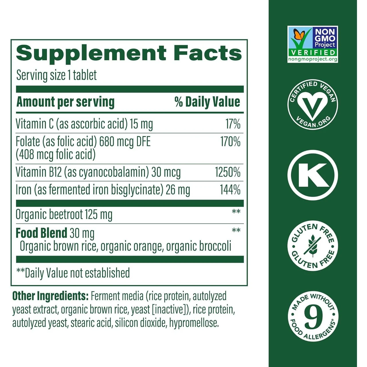 Blood Builder supplement facts panel with certification icons