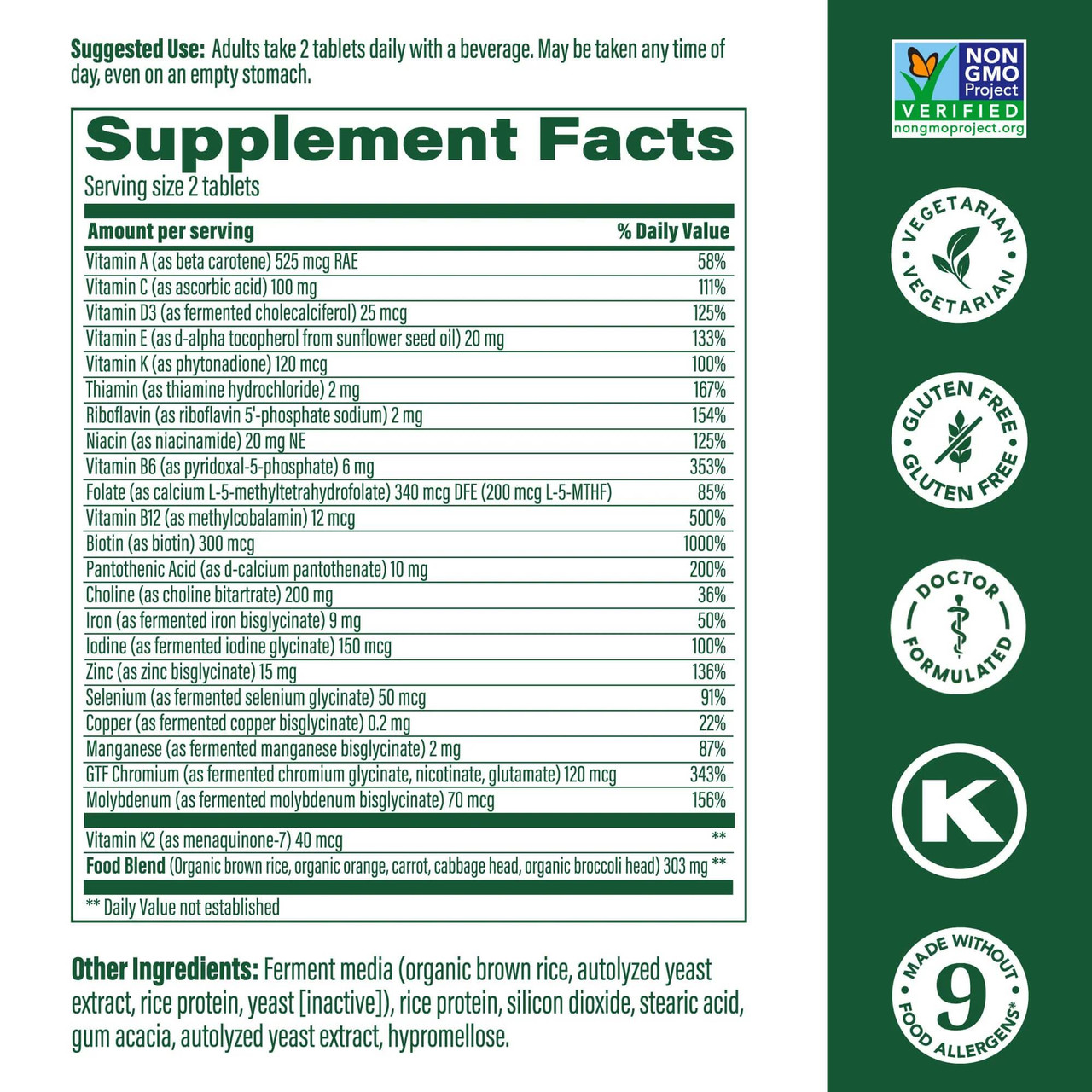 Multi for Women 40+ supplement facts with certification icons