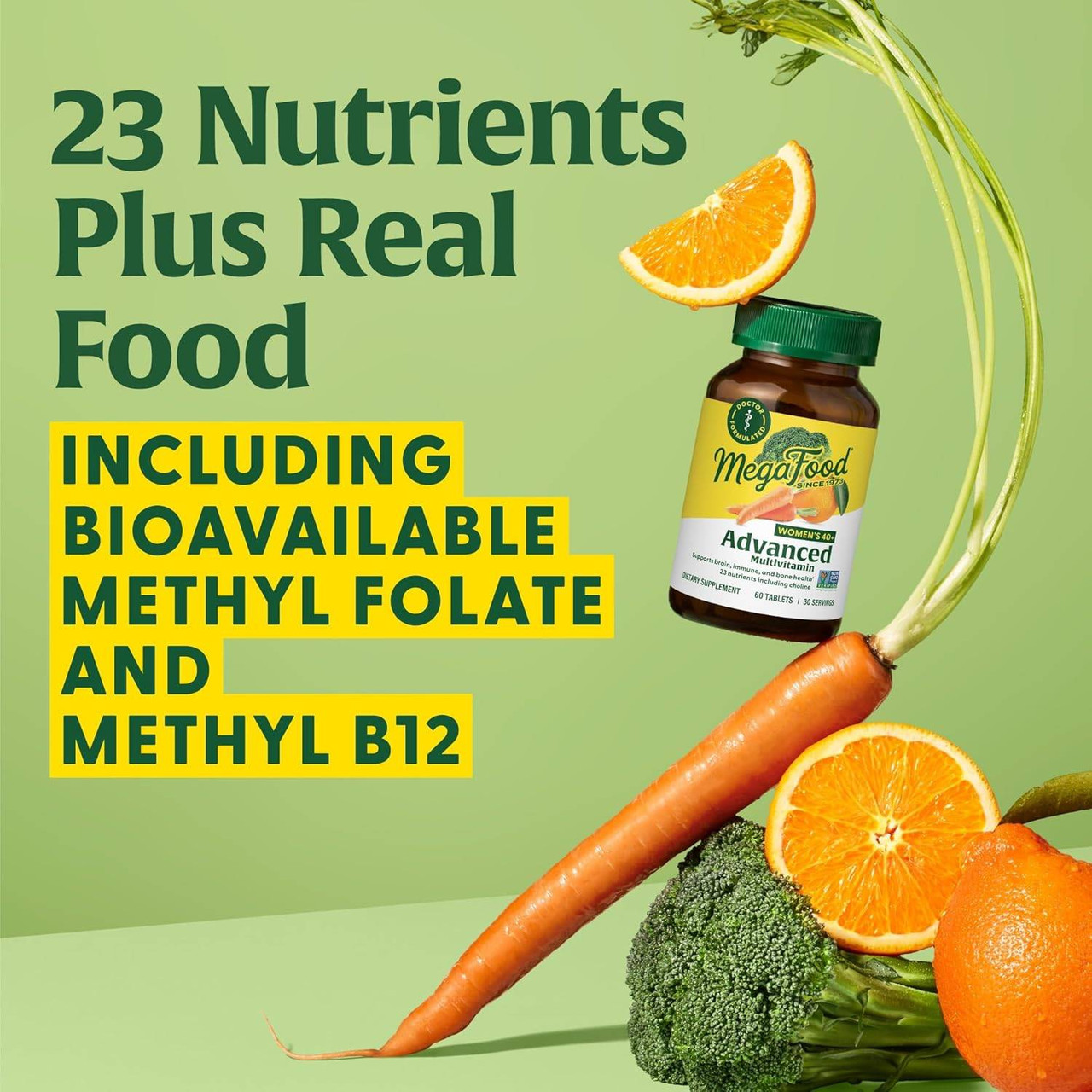 Bottle with orange, carrot and broccoli, 23 nutrients plus real food graphic