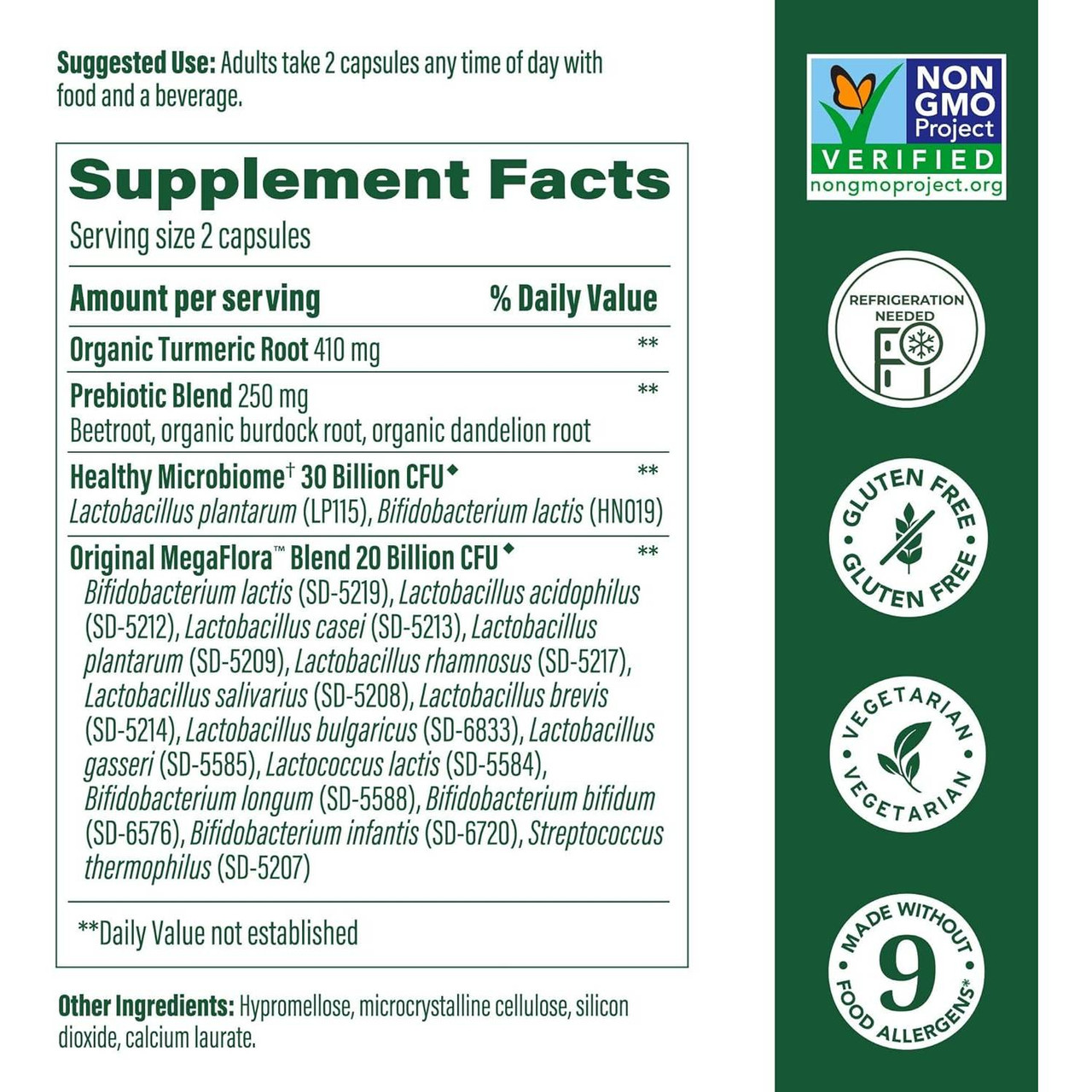 MegaFlora Plus supplement facts, organic turmeric, probiotic blend and 14 strains, with certification icons