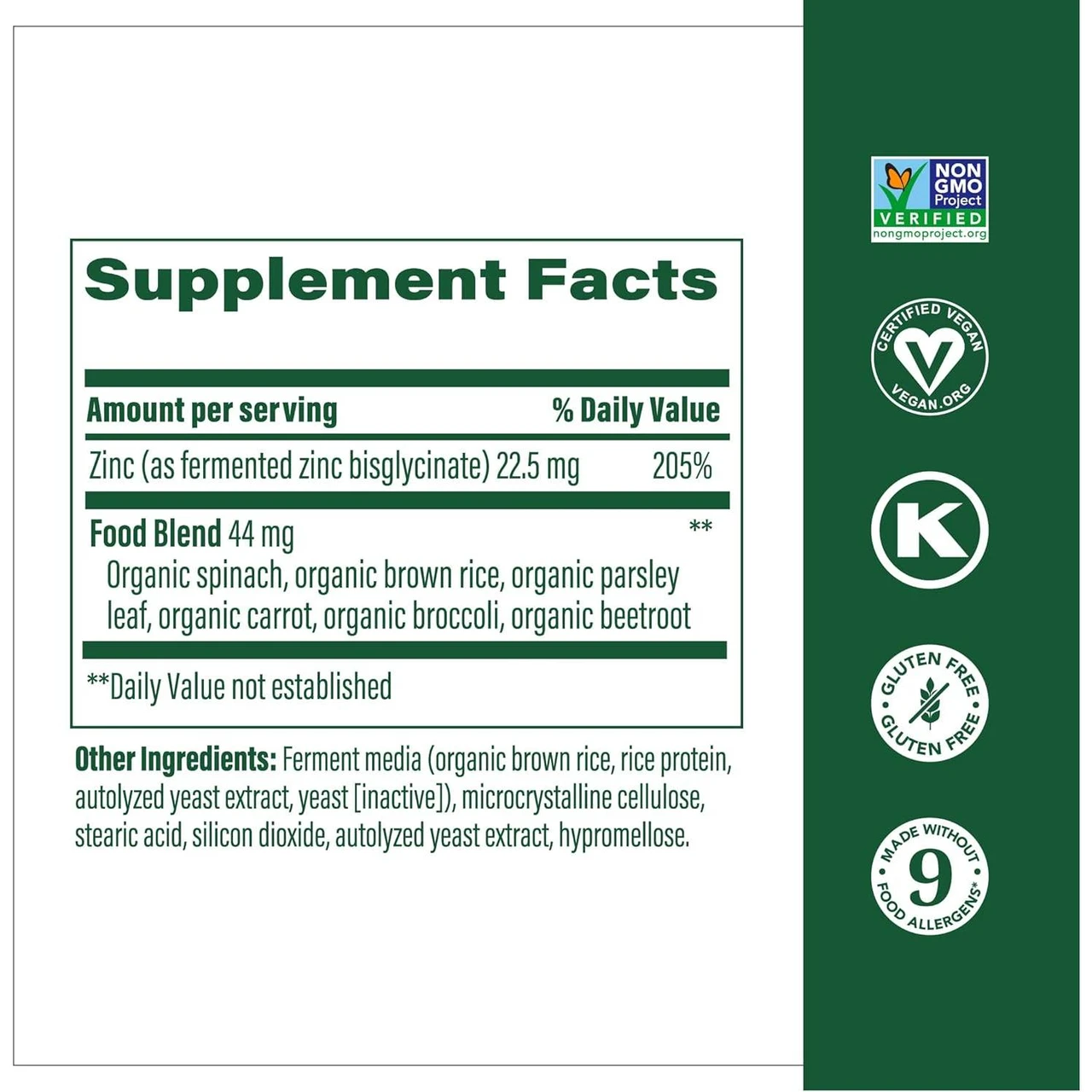 MegaFood Zinc supplement facts, 22.5 mg zinc bisglycinate and 44 mg food blend, with certification icons