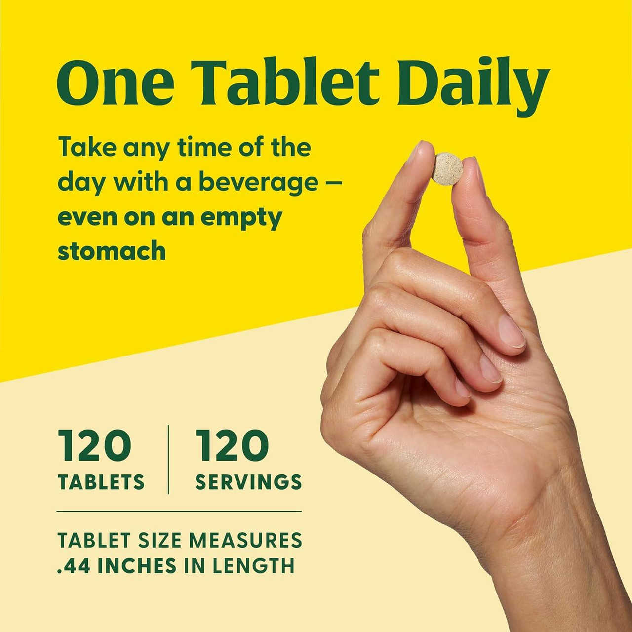 Hand holding tablet, one tablet daily, 120 tablets, 120 servings