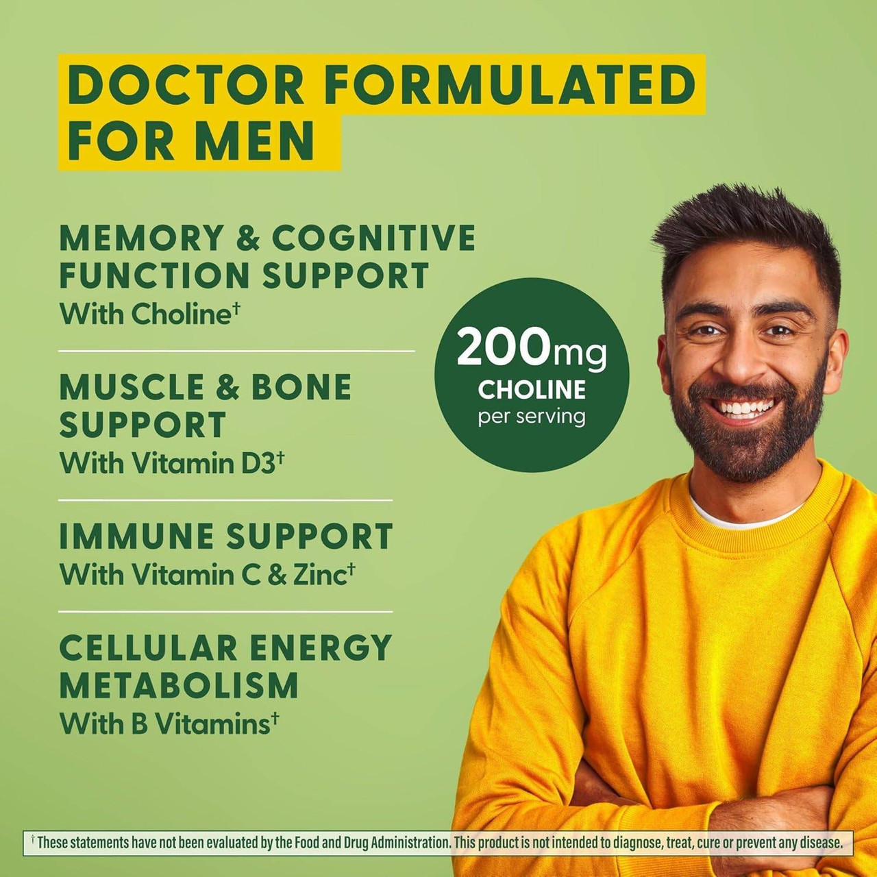 Smiling man, doctor formulated for men graphic with 200 mg choline