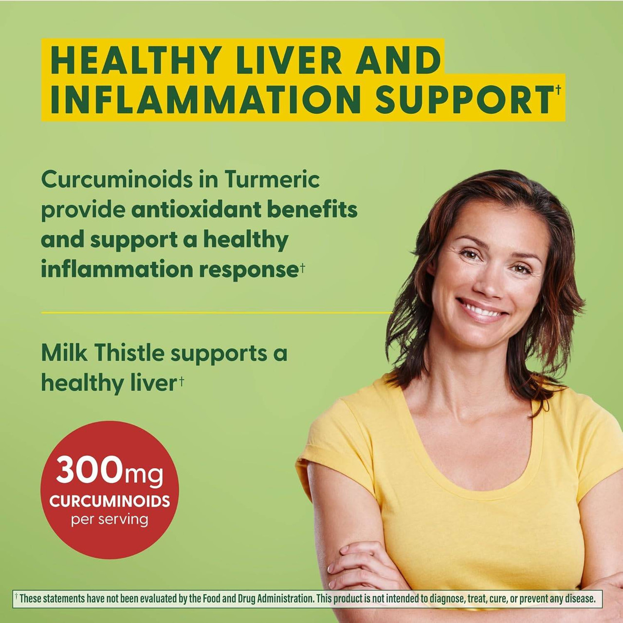 Smiling woman, healthy liver and inflammation support with 300 mg curcuminoids