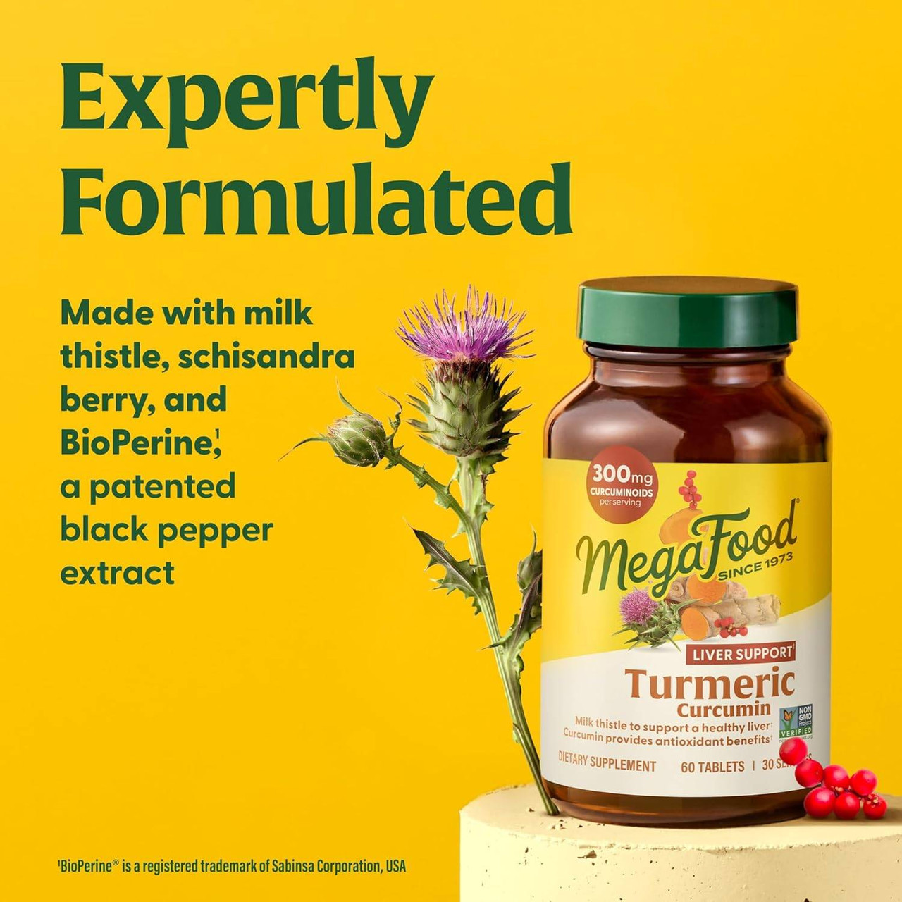 Turmeric bottle with milk thistle and berries, expertly formulated text