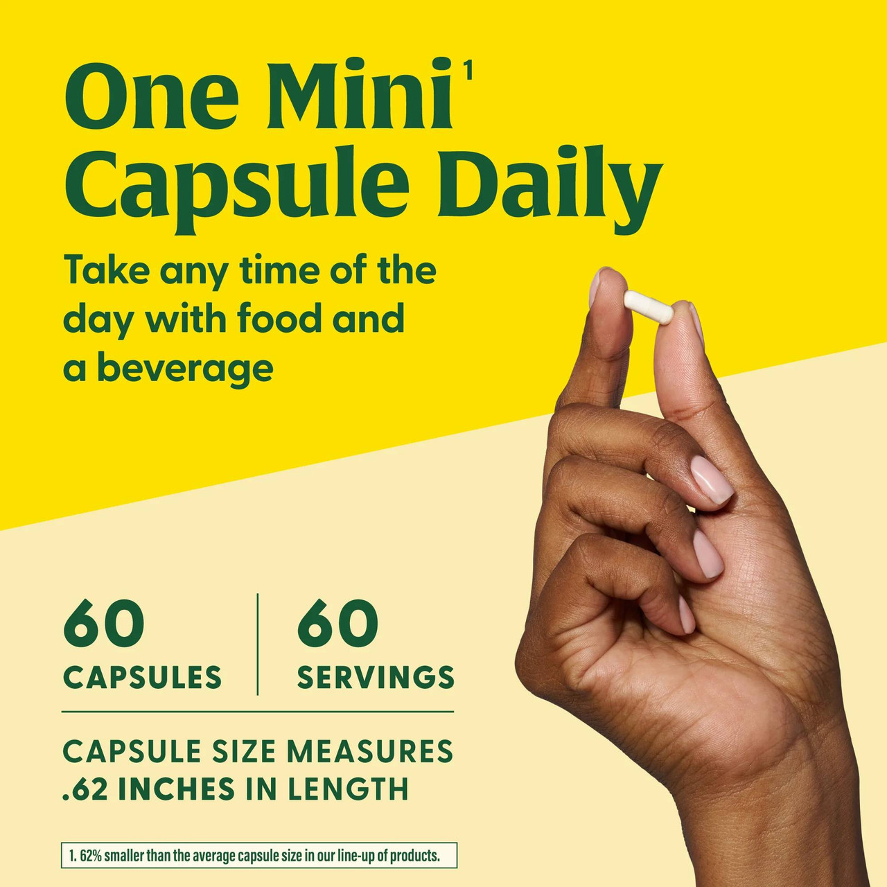 Hand holding a mini capsule, one mini capsule daily, 60 capsules, 0.62 in length