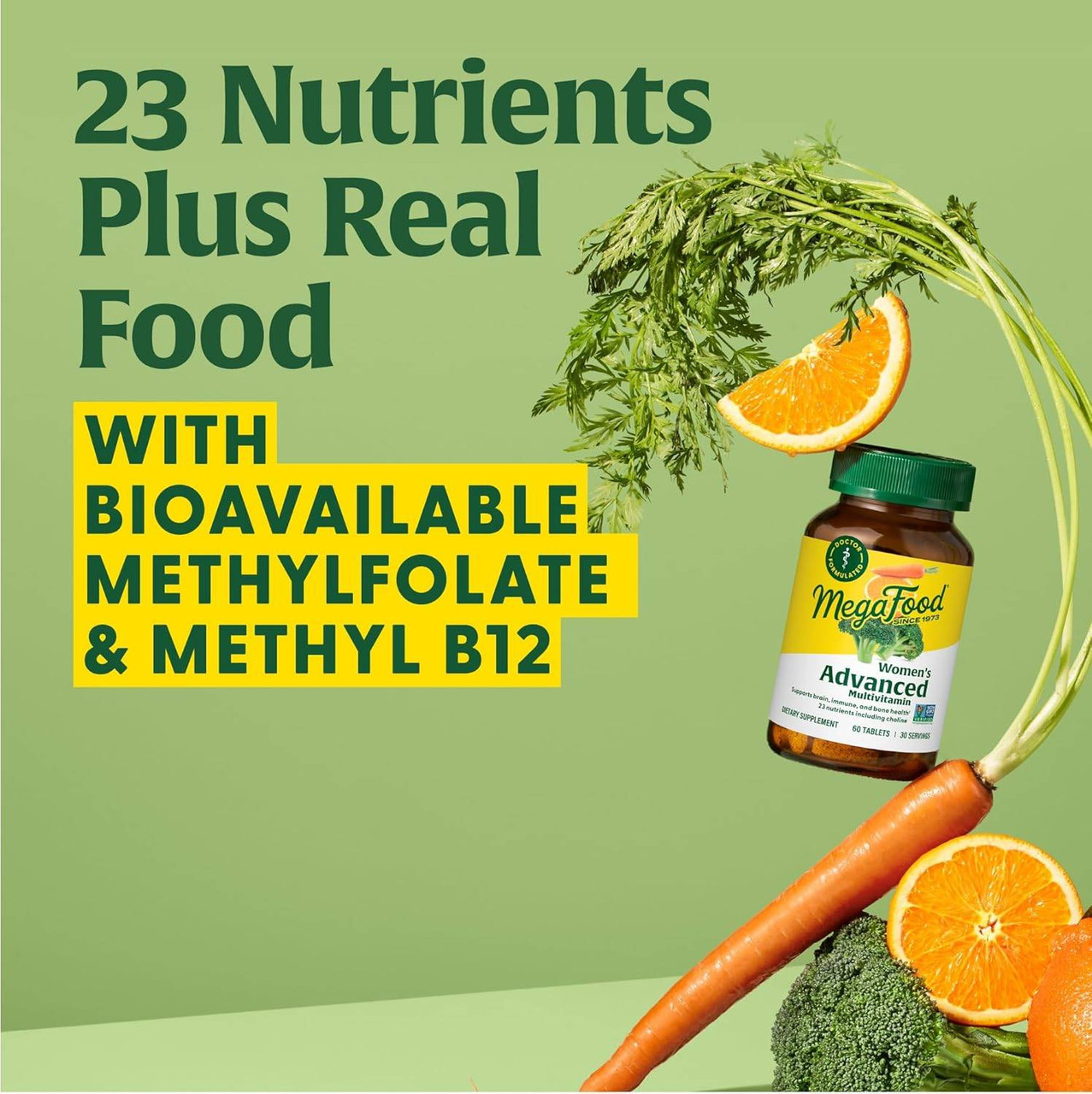 Women's Advanced bottle with produce, 23 nutrients plus real food graphic
