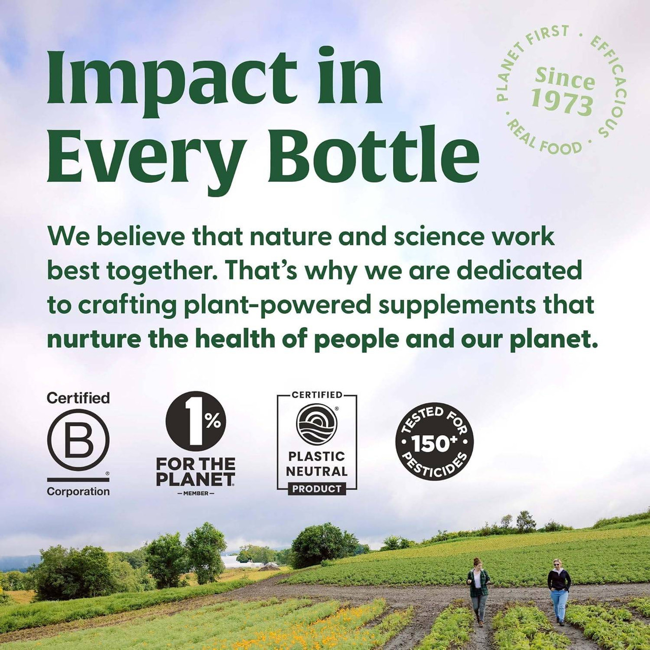 Farm field, MegaFood impact in every bottle graphic with certification logos