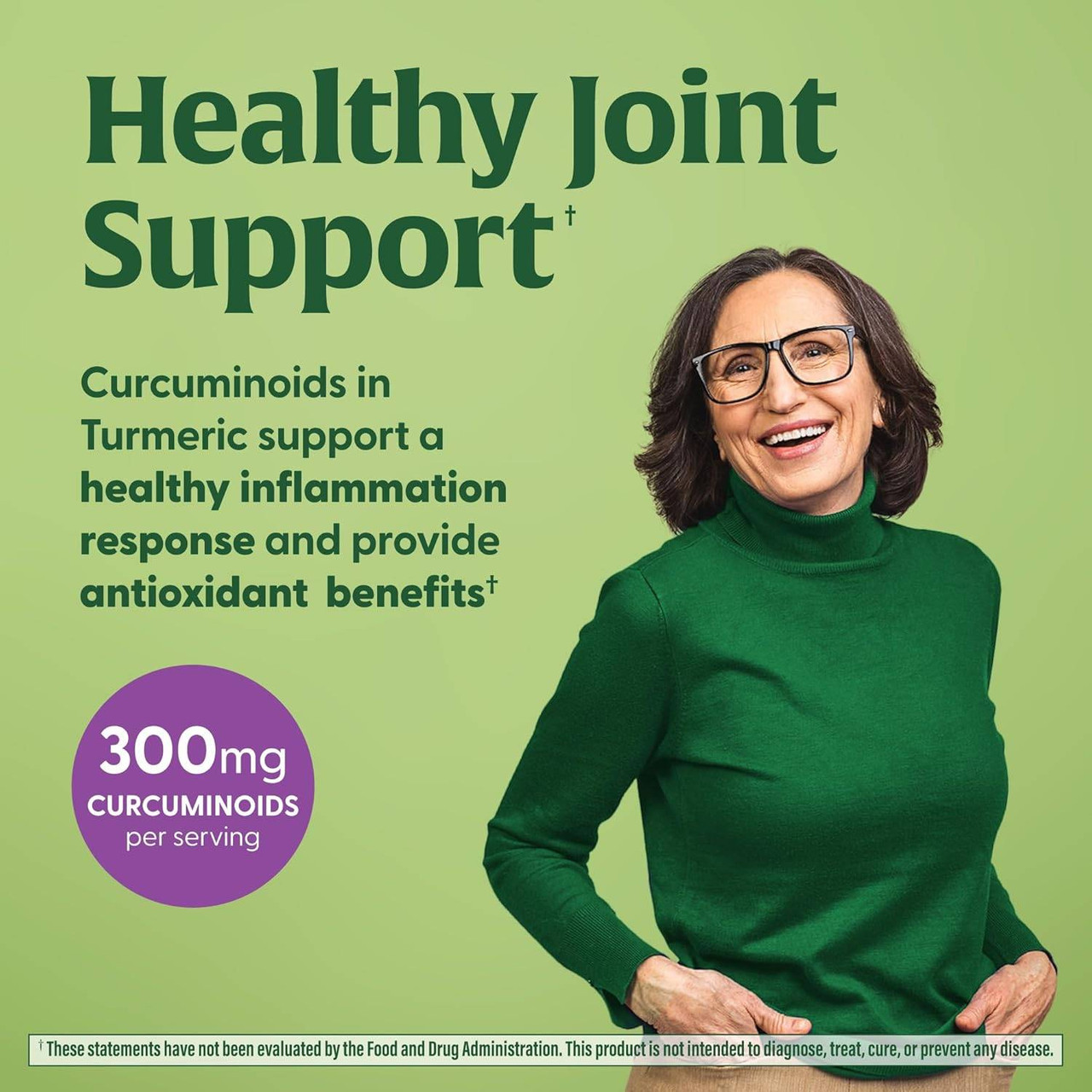 Smiling woman in a green sweater, MegaFood 300 mg curcuminoids per serving graphic