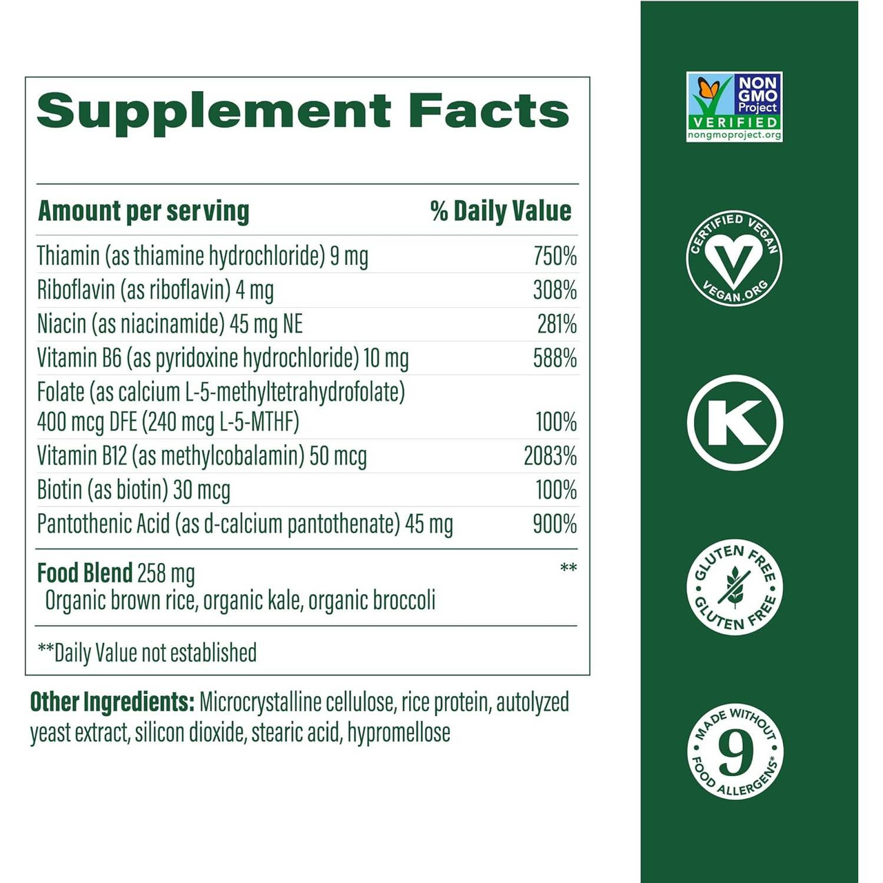 Balanced B Complex supplement facts with B vitamins and food blend, with certification icons