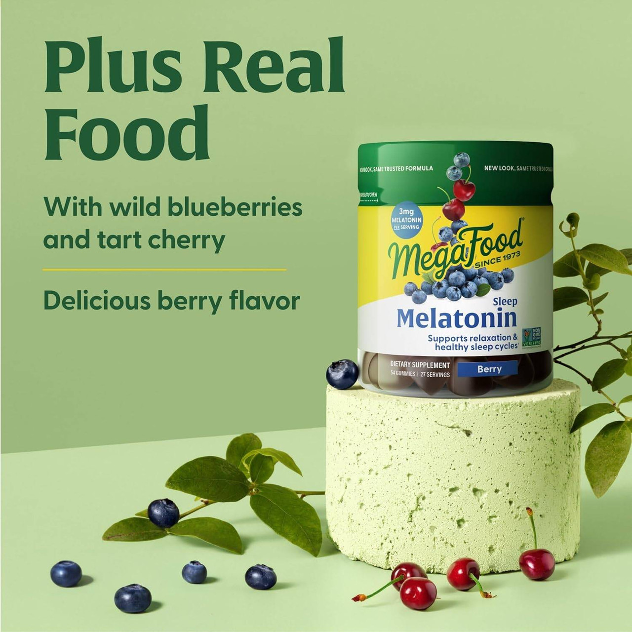 Sleep Melatonin bottle with blueberries and tart cherries, plus real food graphic