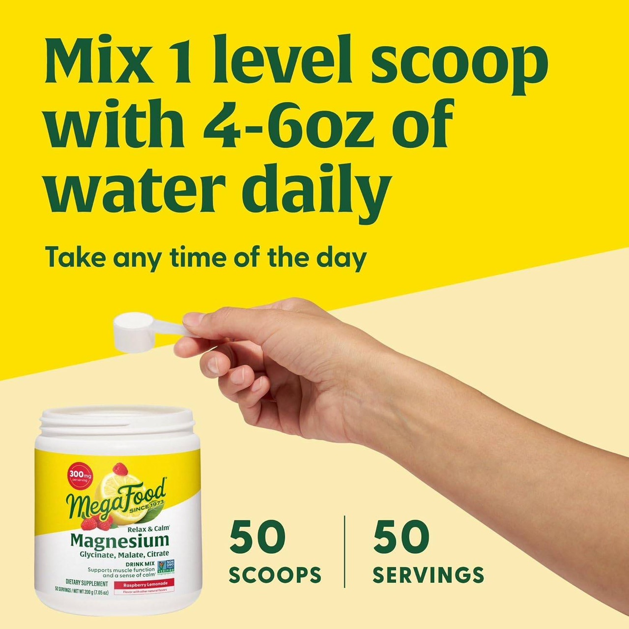 Hand with scoop, mix 1 level scoop with 4-6 oz water daily, 50 servings