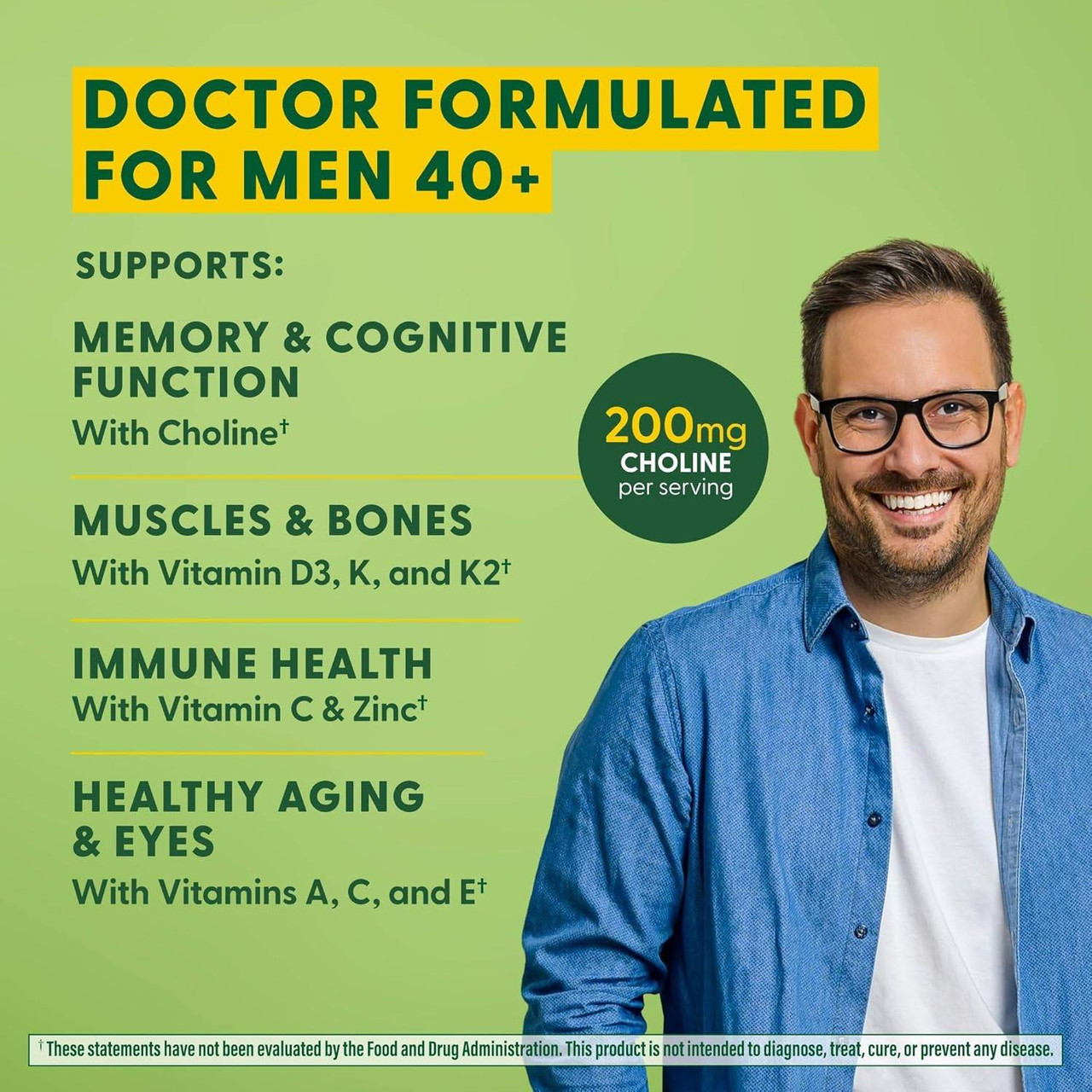 Smiling man in glasses, doctor formulated for men 40+ graphic