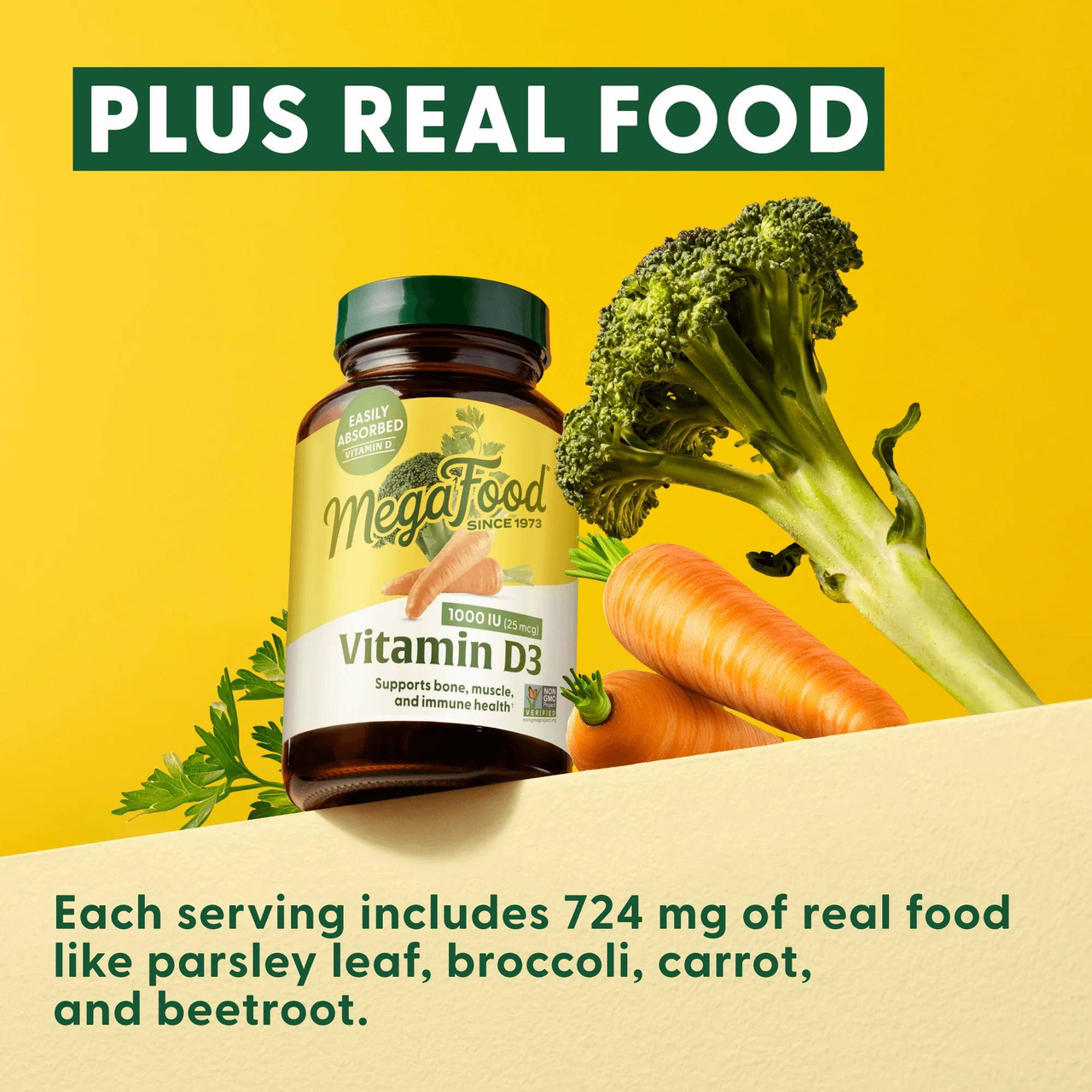 Vitamin D3 bottle with broccoli, carrot and beet, plus real food graphic