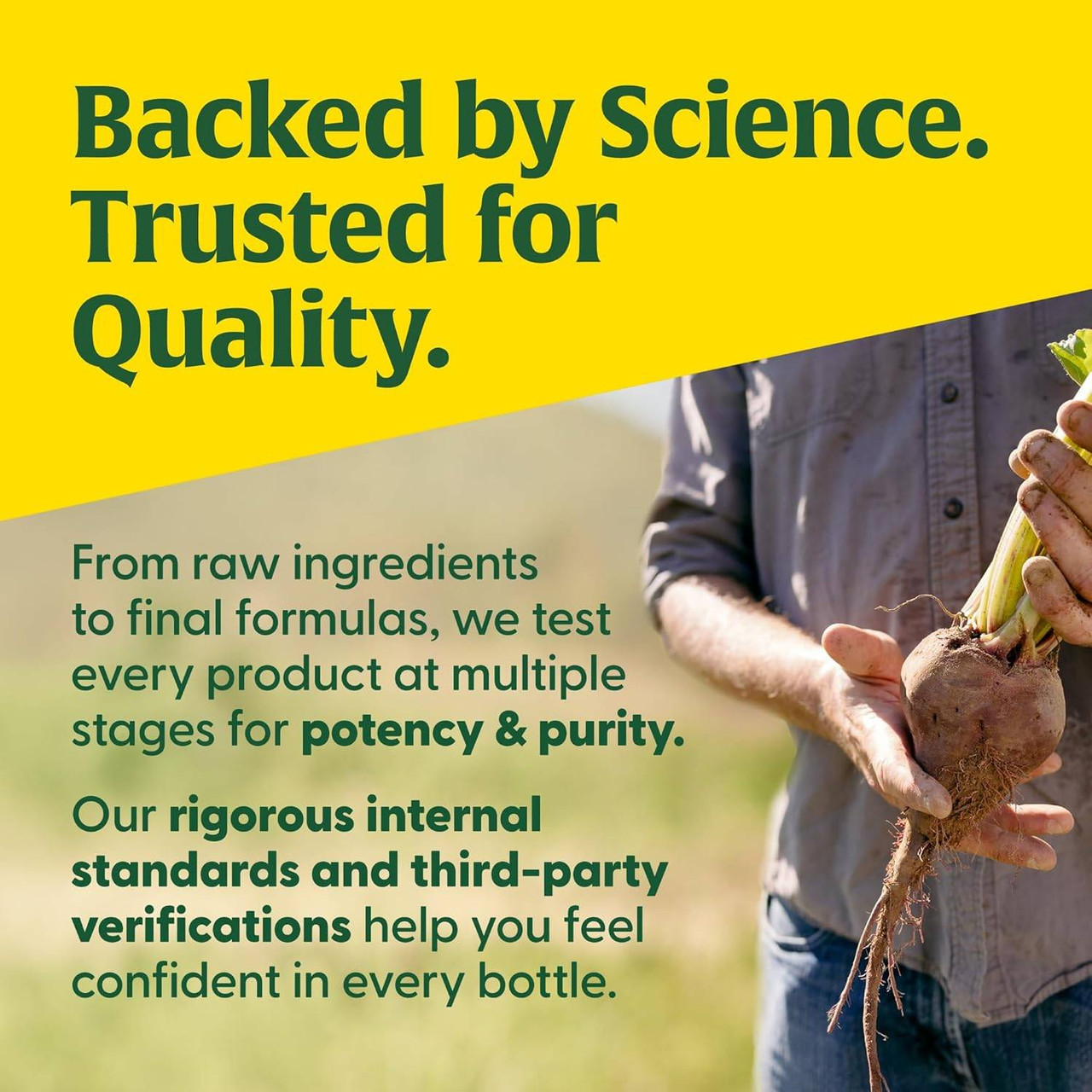 Farmer holding fresh produce, MegaFood backed by science, trusted for quality graphic