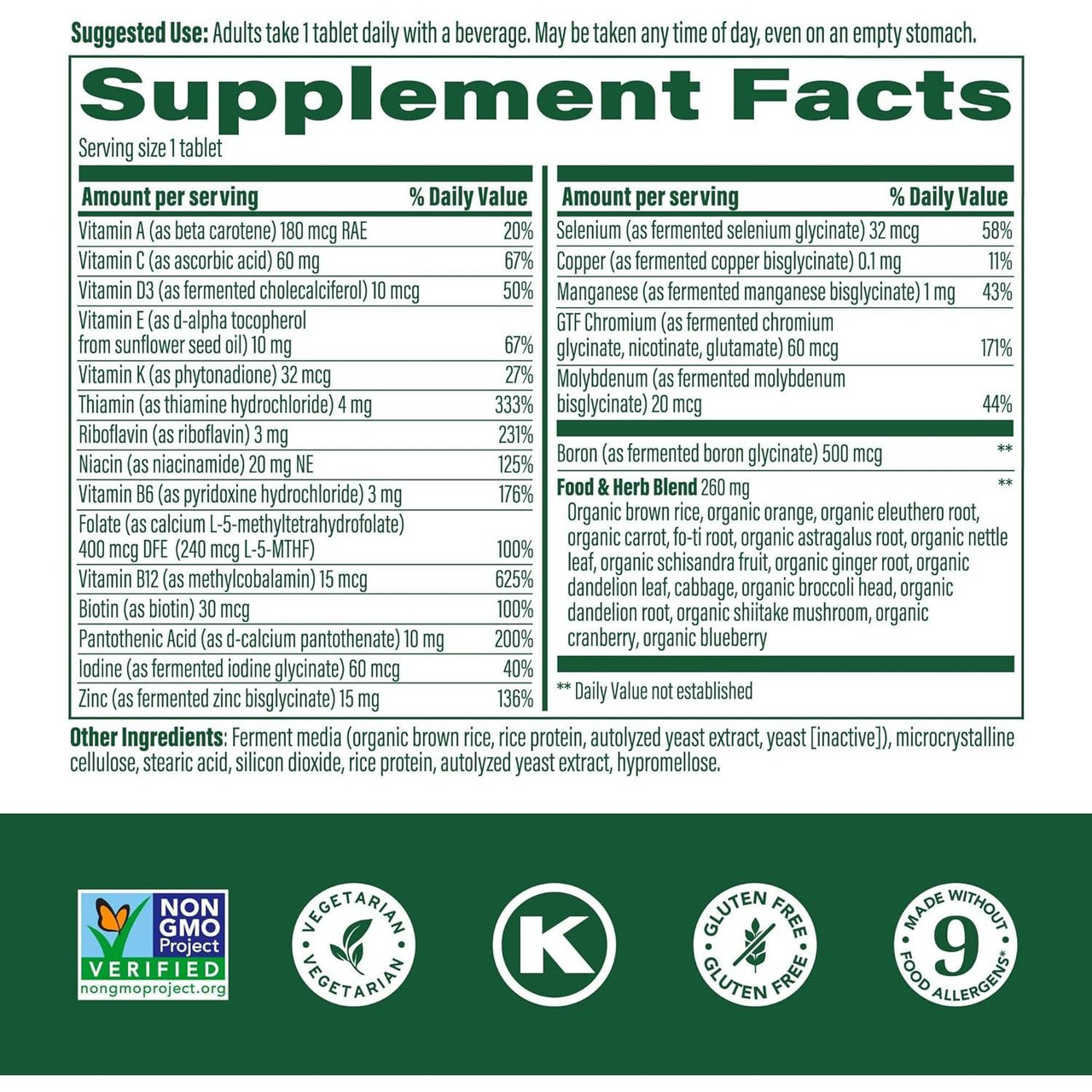 Men's One Daily Multivitamin supplement facts, with certification icons