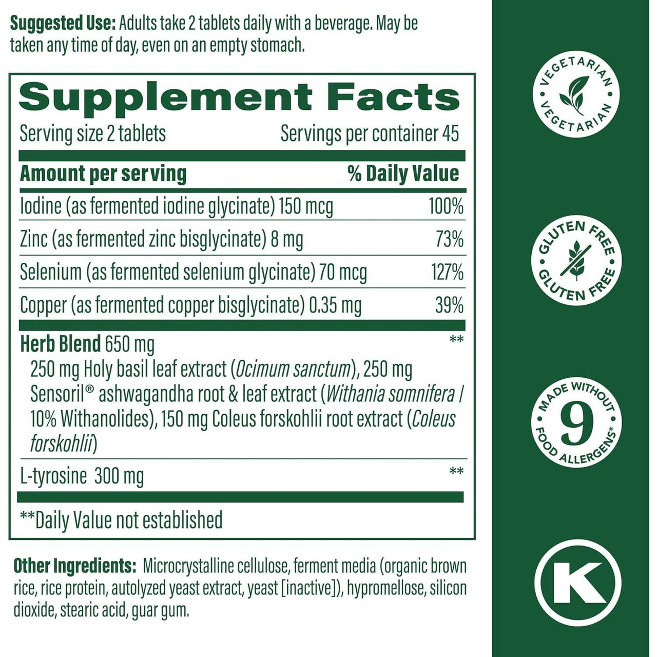 Thyroid Strength supplement facts panel, 45 servings