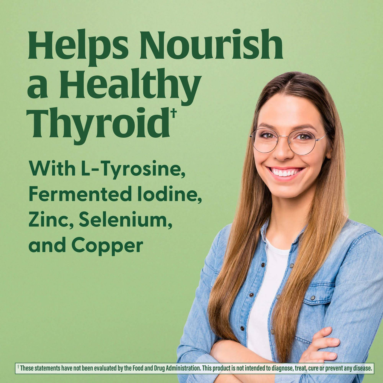 Smiling woman, Thyroid Strength with L-tyrosine, fermented iodine, zinc, selenium and copper