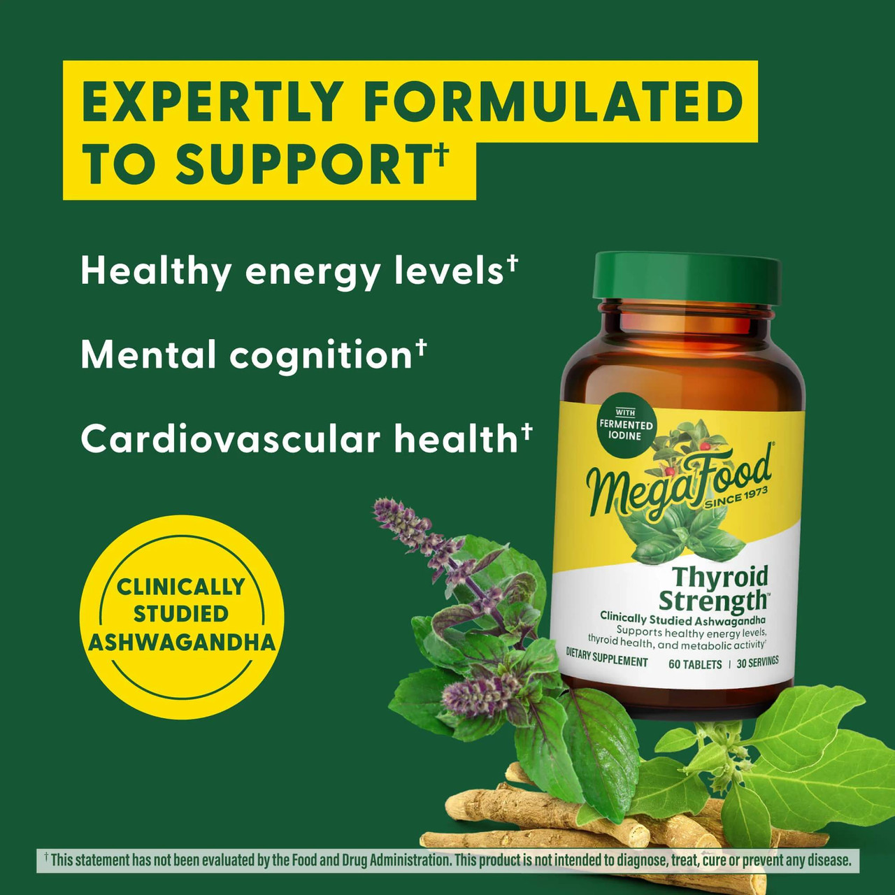 Thyroid Strength bottle with ashwagandha and herbs, expertly formulated graphic