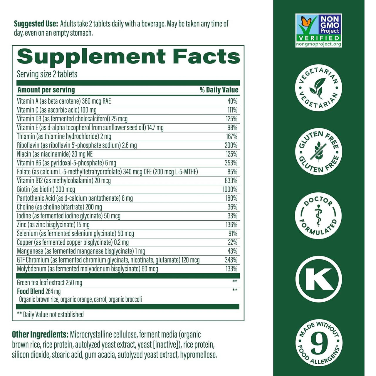 Women's 55+ Advanced Multivitamin supplement facts per 2 tablets, with certification icons