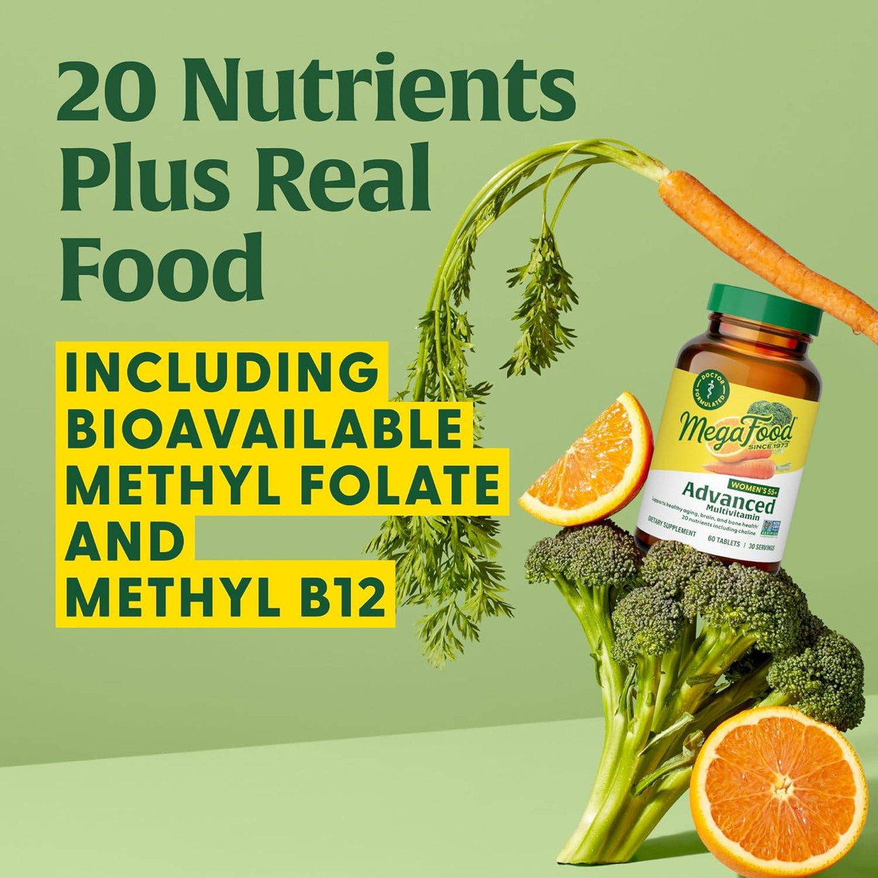 Women's 55+ bottle with produce, 20 nutrients plus methyl folate and methyl B12