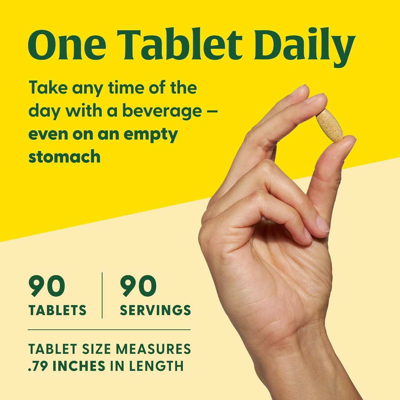 Hand holding tablet, one tablet daily, 90 tablets, 90 servings