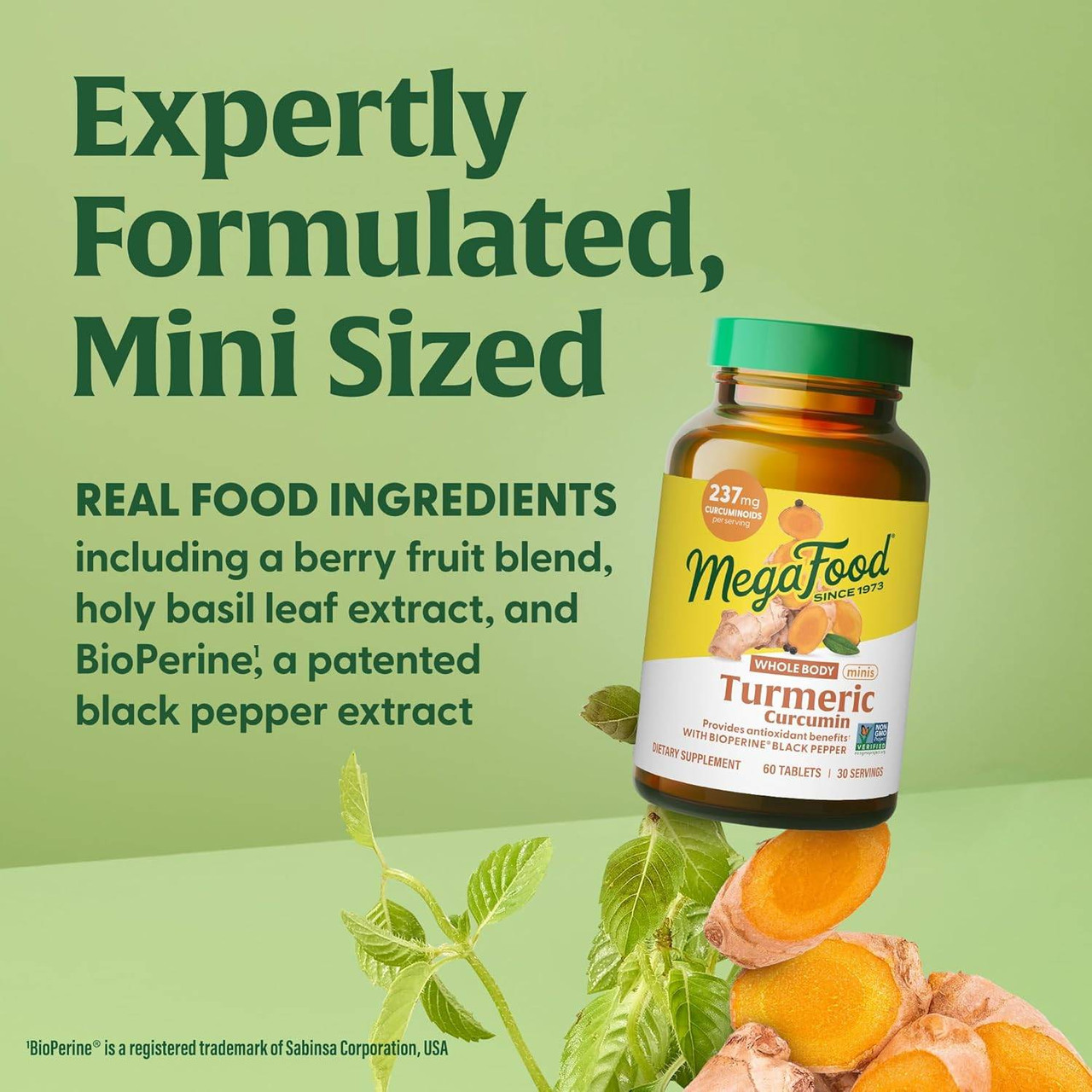 Turmeric bottle with berries and leaves, expertly formulated, mini sized graphic