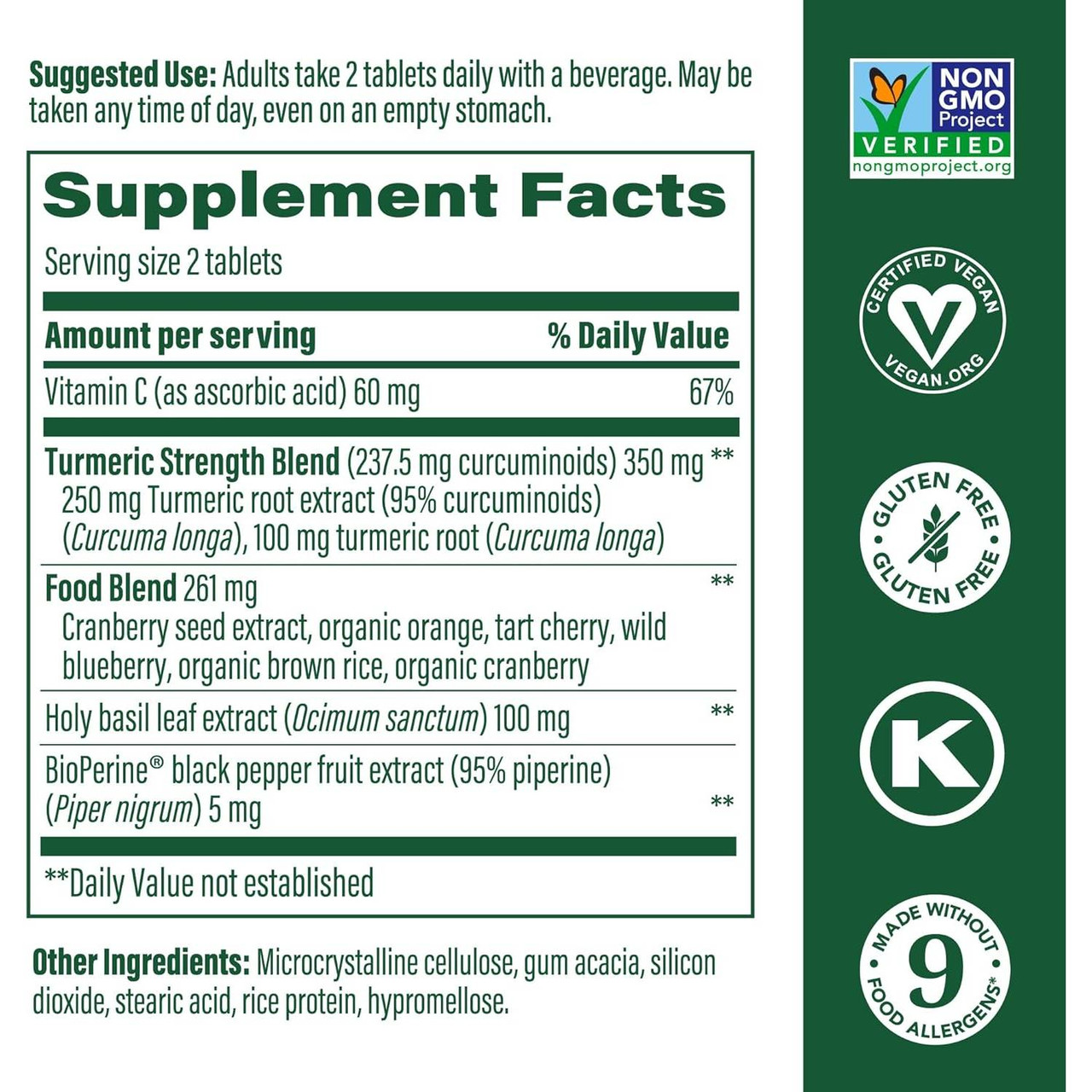 Turmeric Curcumin Minis supplement facts with suggested use and certification icons