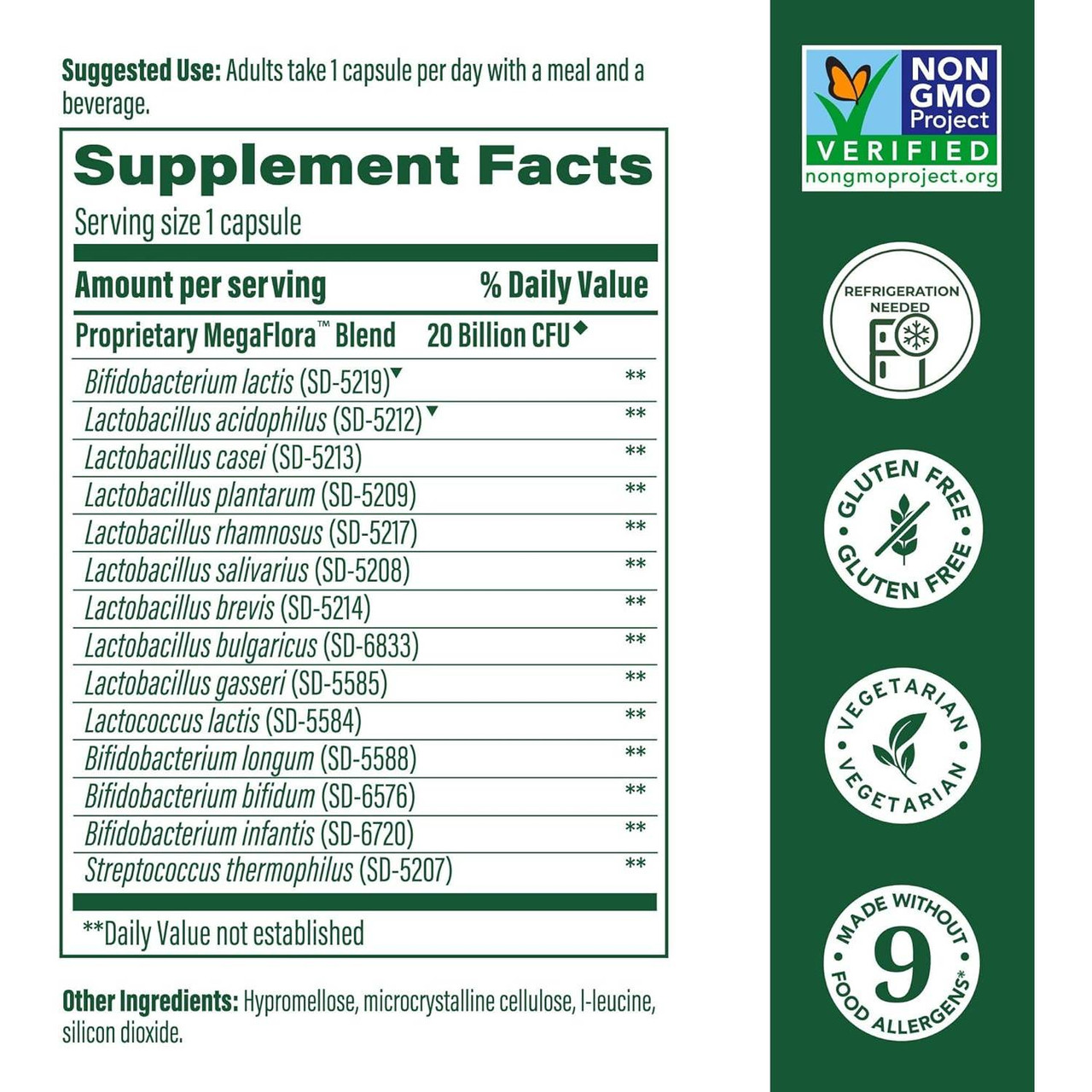 MegaFlora supplement facts listing 14 probiotic strains, 20 billion CFU, with certification badges