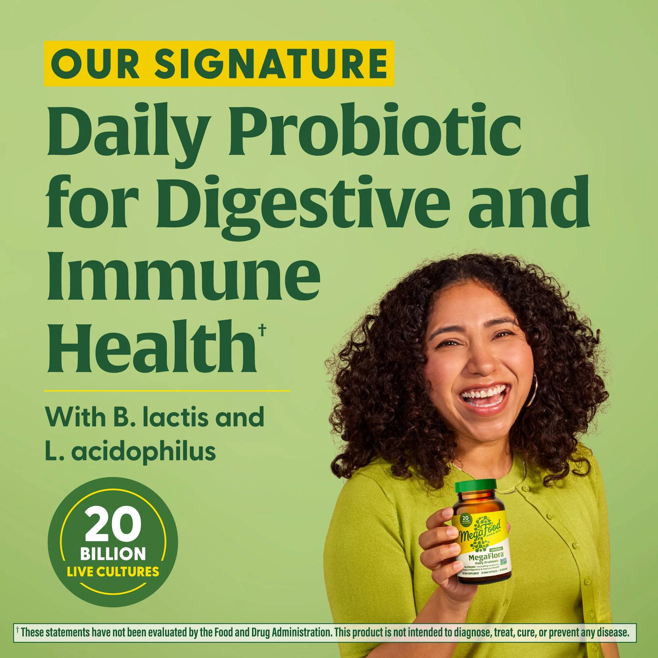 Smiling woman holding a MegaFlora bottle, signature daily probiotic with B. lactis and L. acidophilus