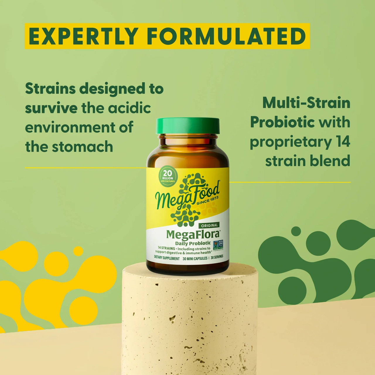 MegaFlora bottle on a pedestal, expertly formulated multi-strain probiotic with 14 strain blend