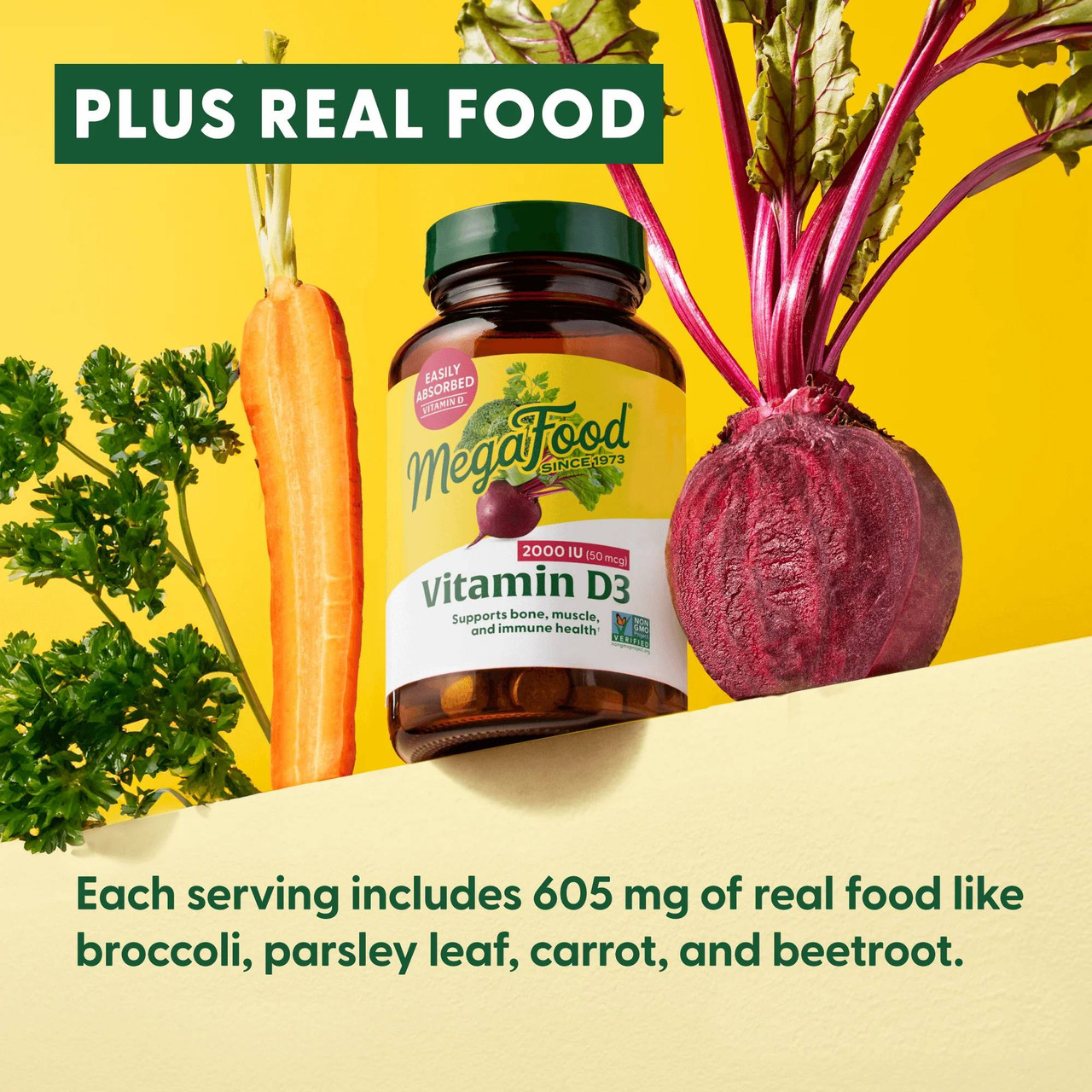 Vitamin D3 bottle with carrots, beets and parsley, plus real food graphic