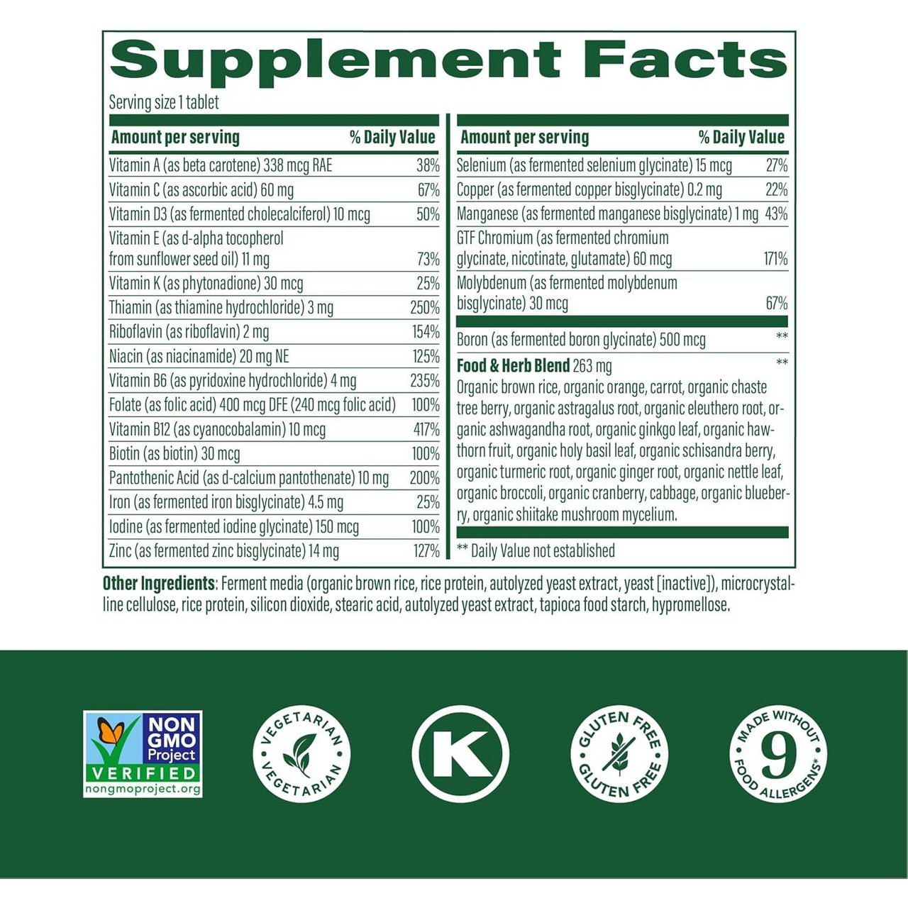 Women's 40+ One Daily Multivitamin supplement facts, with certification icons