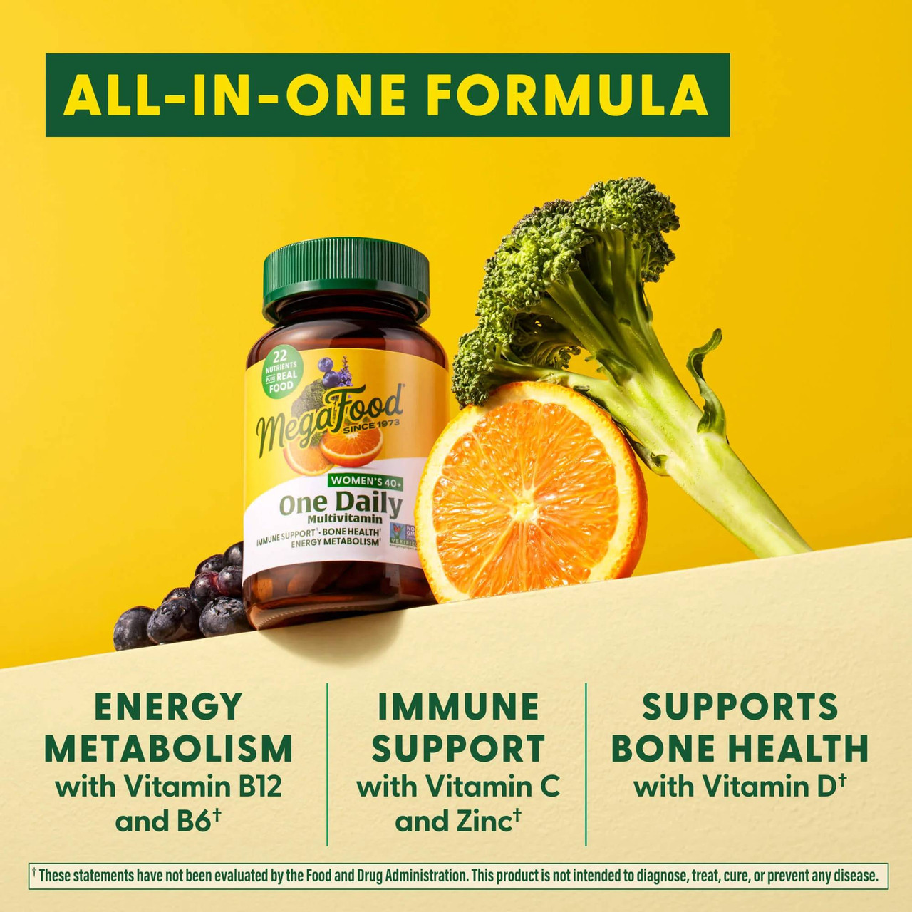 Women's 40+ bottle with broccoli and orange, all-in-one formula graphic