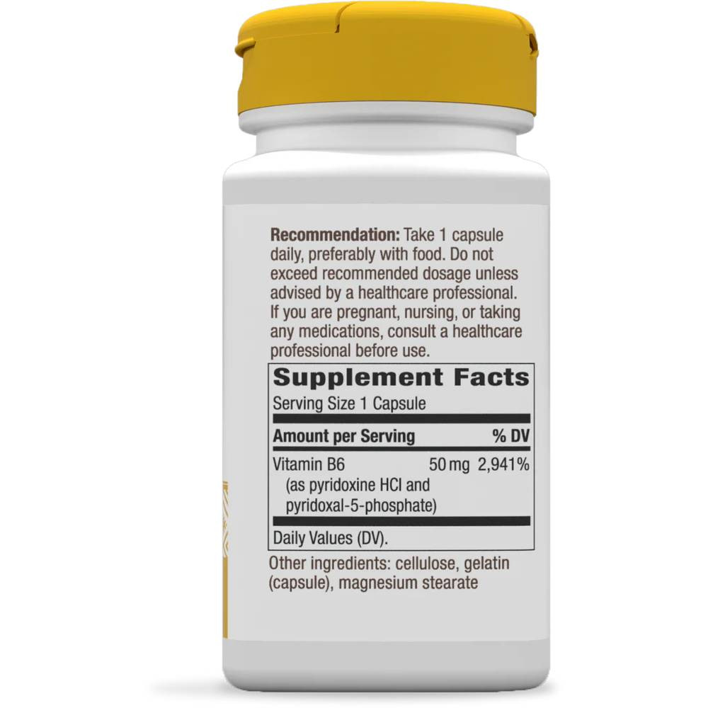Vitamin B-6 bottle back with supplement facts, 50 mg per capsule