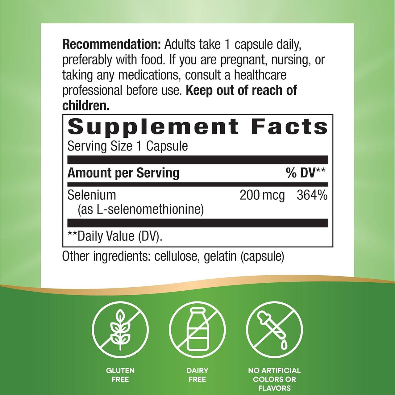 Back of Selenium bottle with supplement facts panel