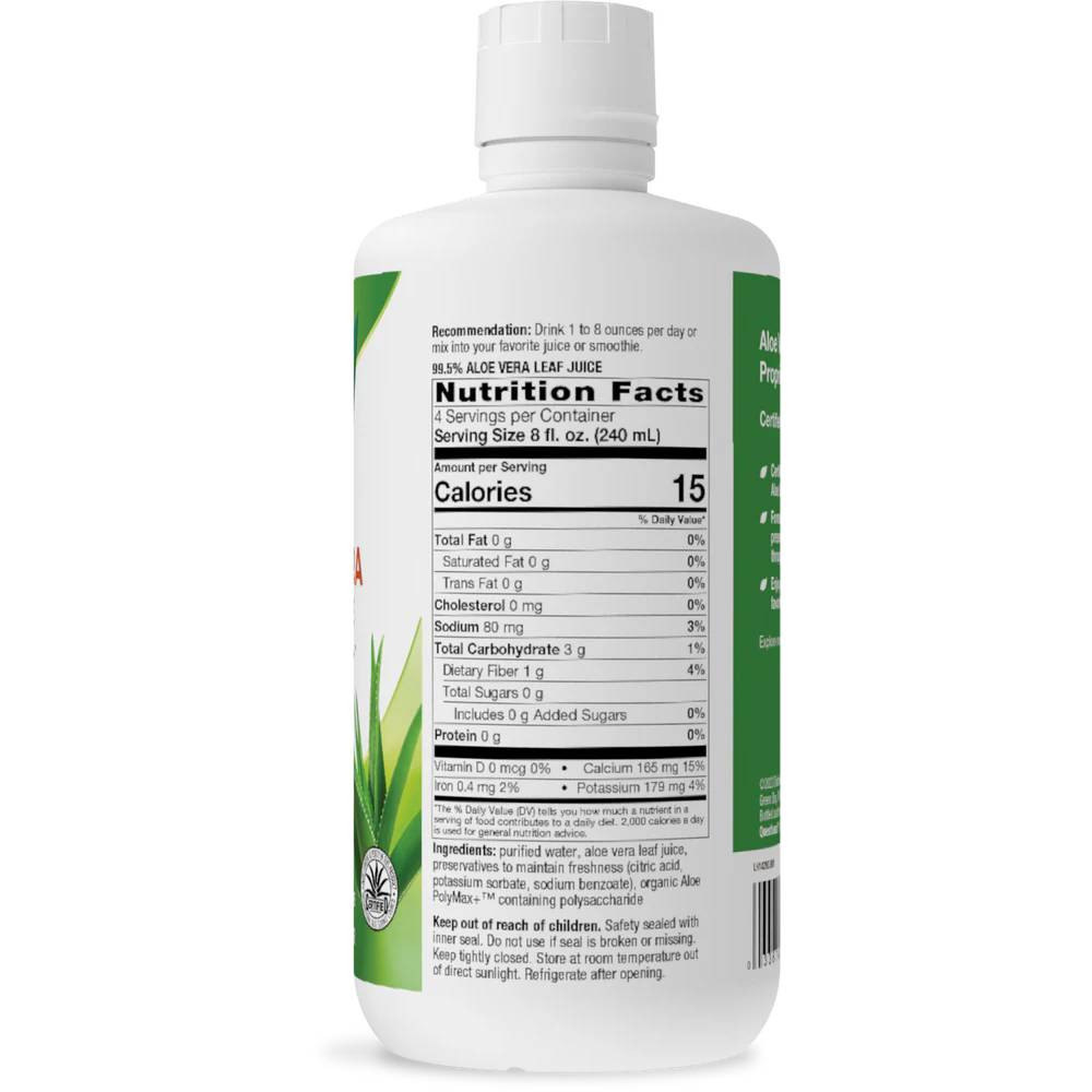 Back of Aloe Vera Leaf Juice bottle with nutrition facts panel